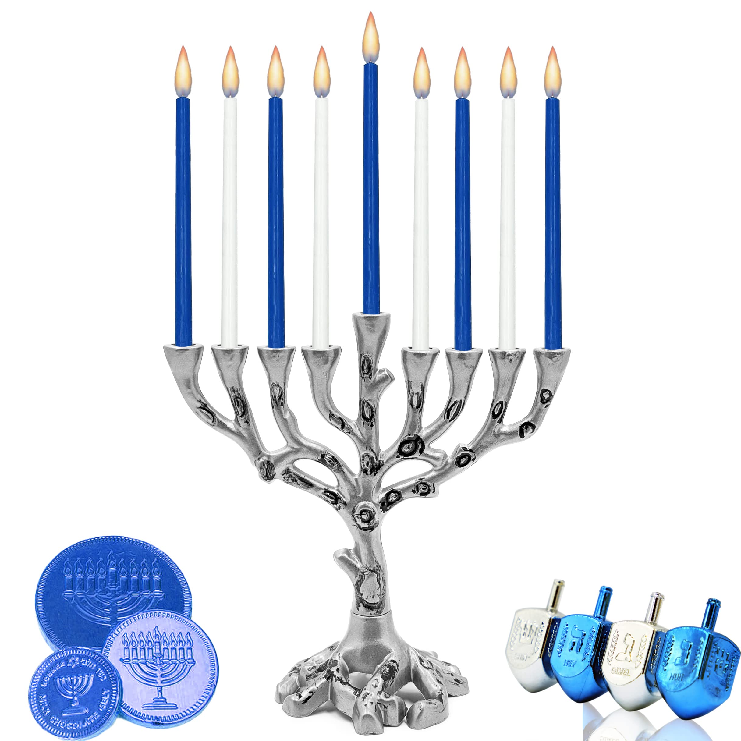Dreidel Company Hanukkah Menorah - Mini Tree of Life Design in Pewter Finish for Chanukah Celebration, Fits Standard Candles - Perfect for Jewish Holiday Decor, Home Altar & Gift Giving