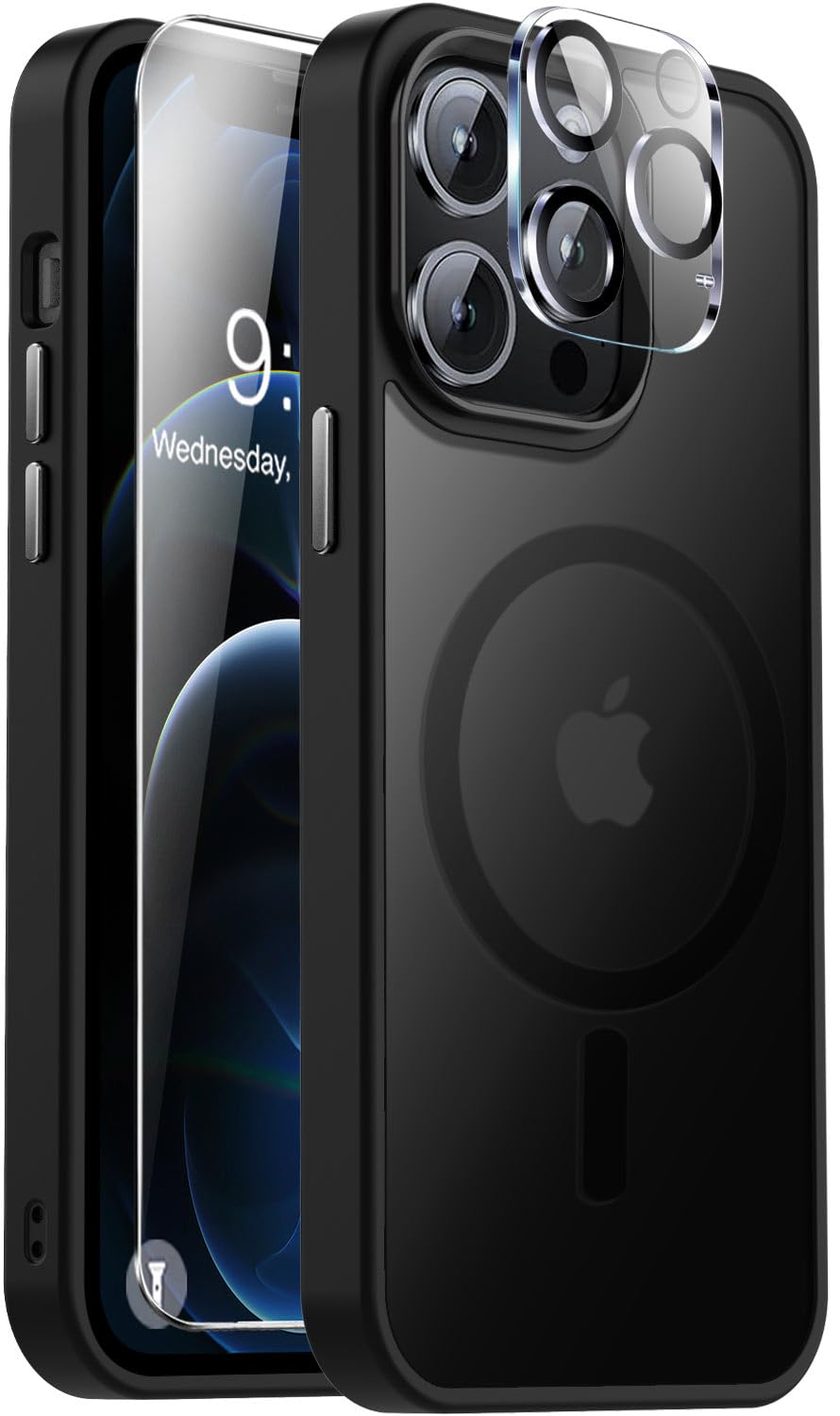 Vooii Magnetic iPhone 12 Pro Max Case - Slim Translucent Matte Cover with Magsafe Compatibility, Aluminum Alloy Buttons, Includes Screen & Camera Protectors (Black) | Perfect for Work, Travel & Everyday Protection