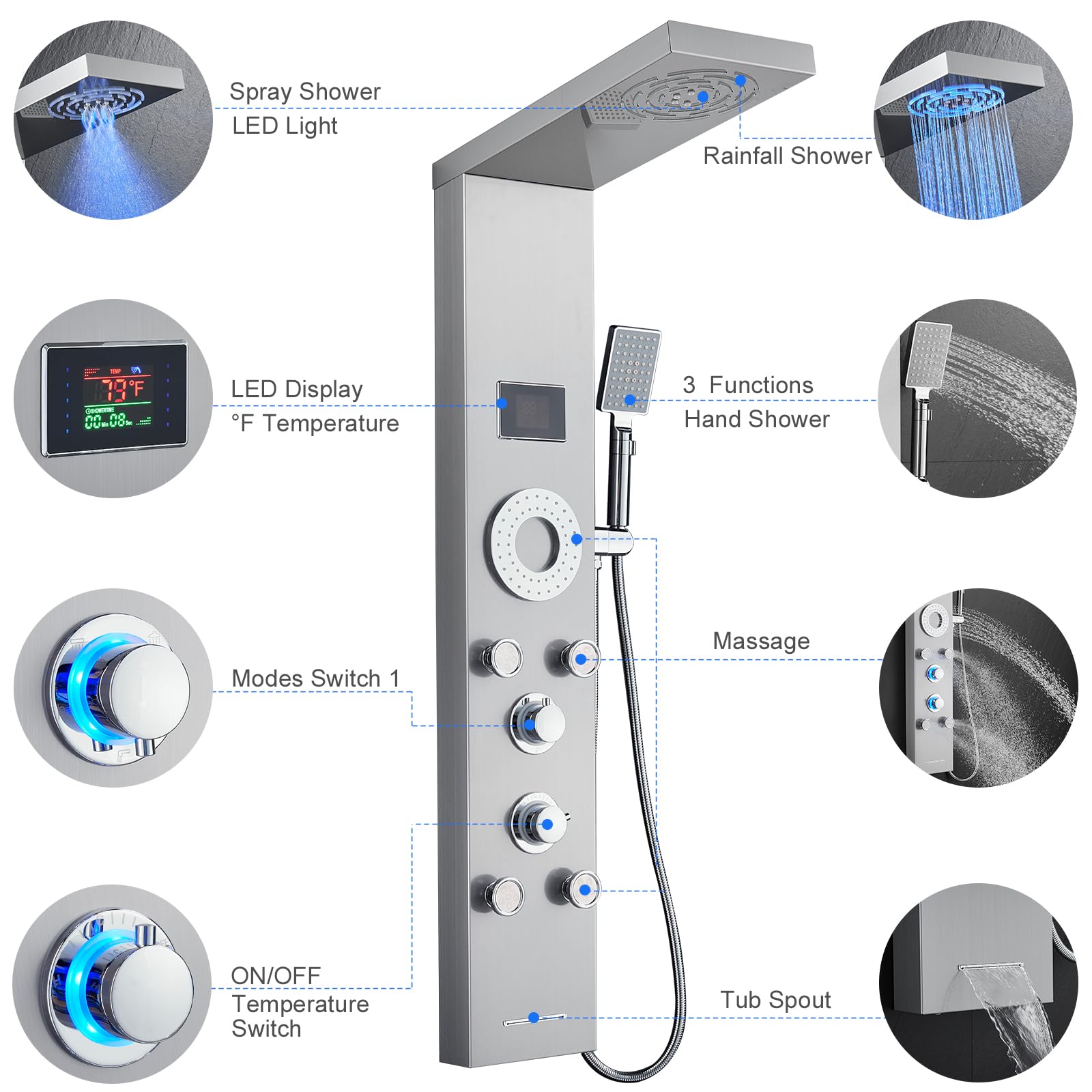 TSIBOMU LED Shower Panel Tower System with 5 Body Jets - Stainless Steel Rainfall & Mist Shower Tower, Handheld Shower & Tub Spout - Brushed Nickel Hydroelectric Temperature Display for Luxurious Bathroom Upgrade (Perfect for Modern Home Spa Experience)