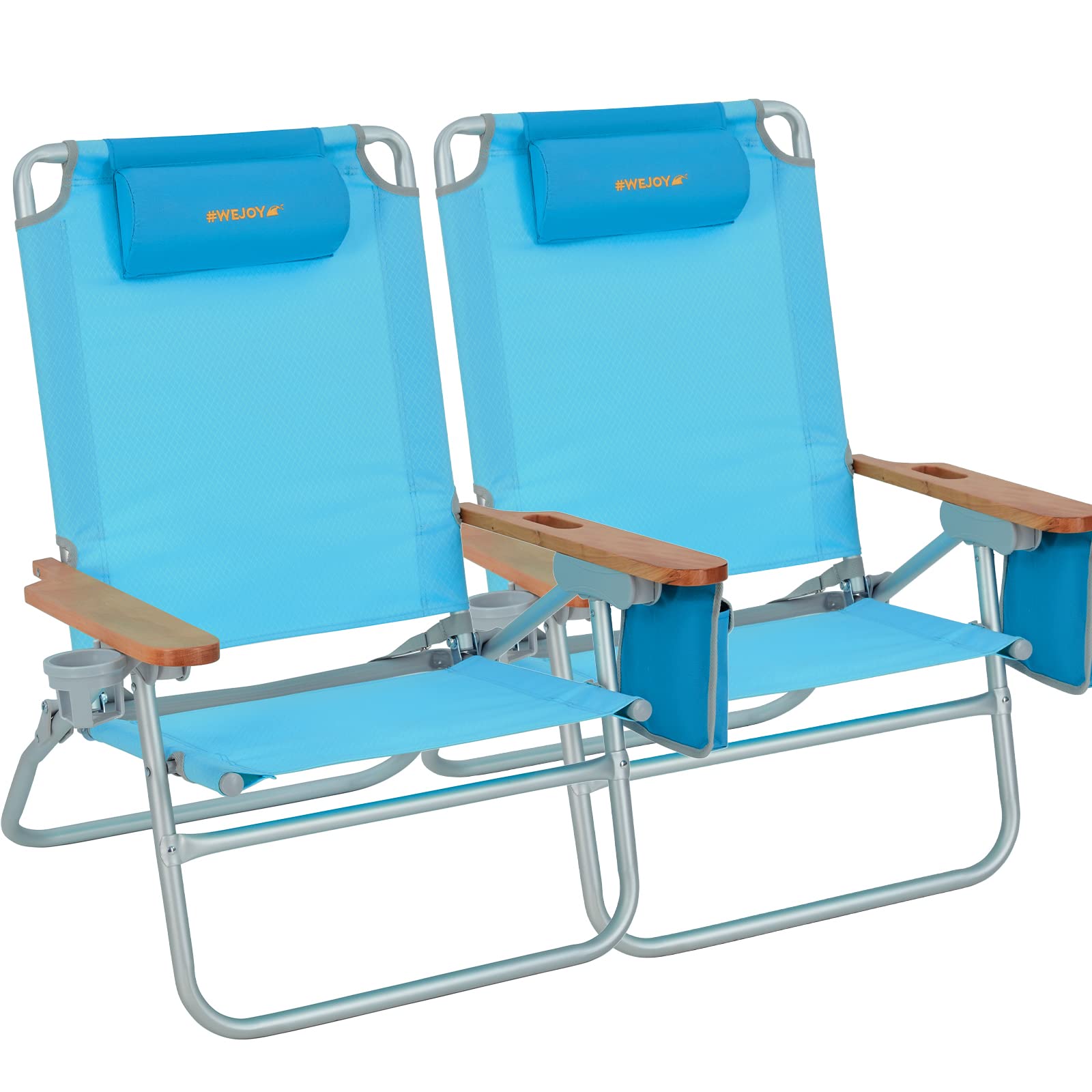 WEJOY 2 Pack Lightweight Aluminum Folding Beach Chairs - Portable Camping & Lawn Chairs with Armrests, Supports 300 lbs (Blue) - Perfect for Beach, Backyard, Picnics & Outdoor Events