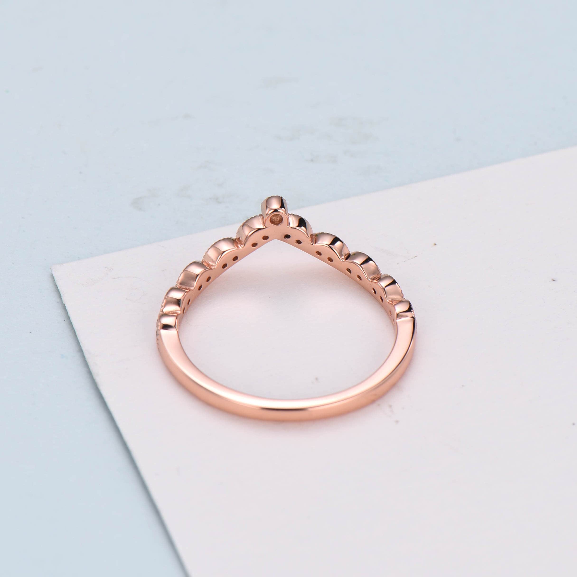 Art Deco Dainty Curved Diamond Wedding Band - Unique Rose Gold Mulgrain Stacking Ring with Moissanite - Matching Anniversary Gift for Women - Perfect for Bridal, Engagement & Stackable Jewelry