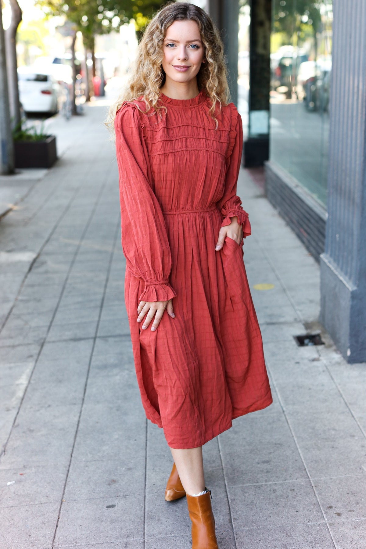 Love Found Rust Mock Neck Embossed Lined Dress - Elegant Fall Winter Women's Fashion for Date Night, Office Wear & Special Occasions