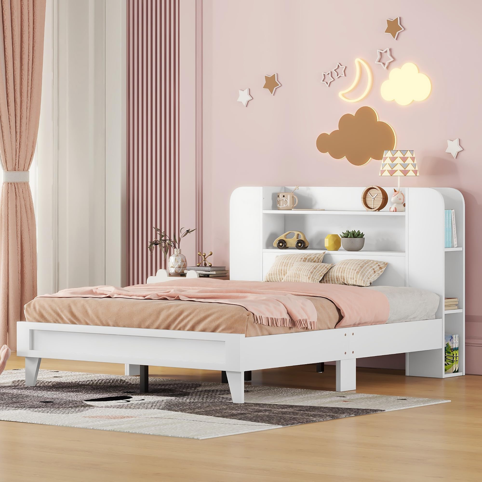 Full Size Wooden Platform Bed Frame with Storage Headboard & Side Shelves - White Kids Bed for Boys & Girls Bedroom - Perfect for Small Spaces & Organized Storage Solutions