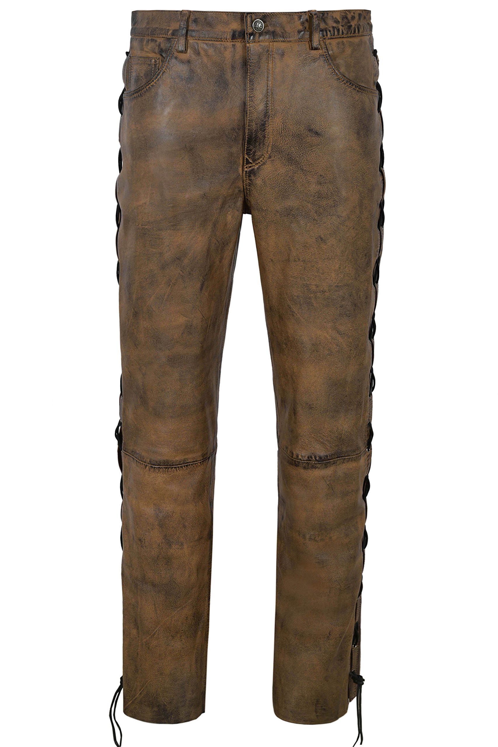 Men's Biker Leather Pants - 100% Genuine Lambskin Motorcycle Trousers in Dirty Brown with Lace-Up Design | Perfect for Riding, Motorcycle Enthusiasts & Fashion Streetwear
