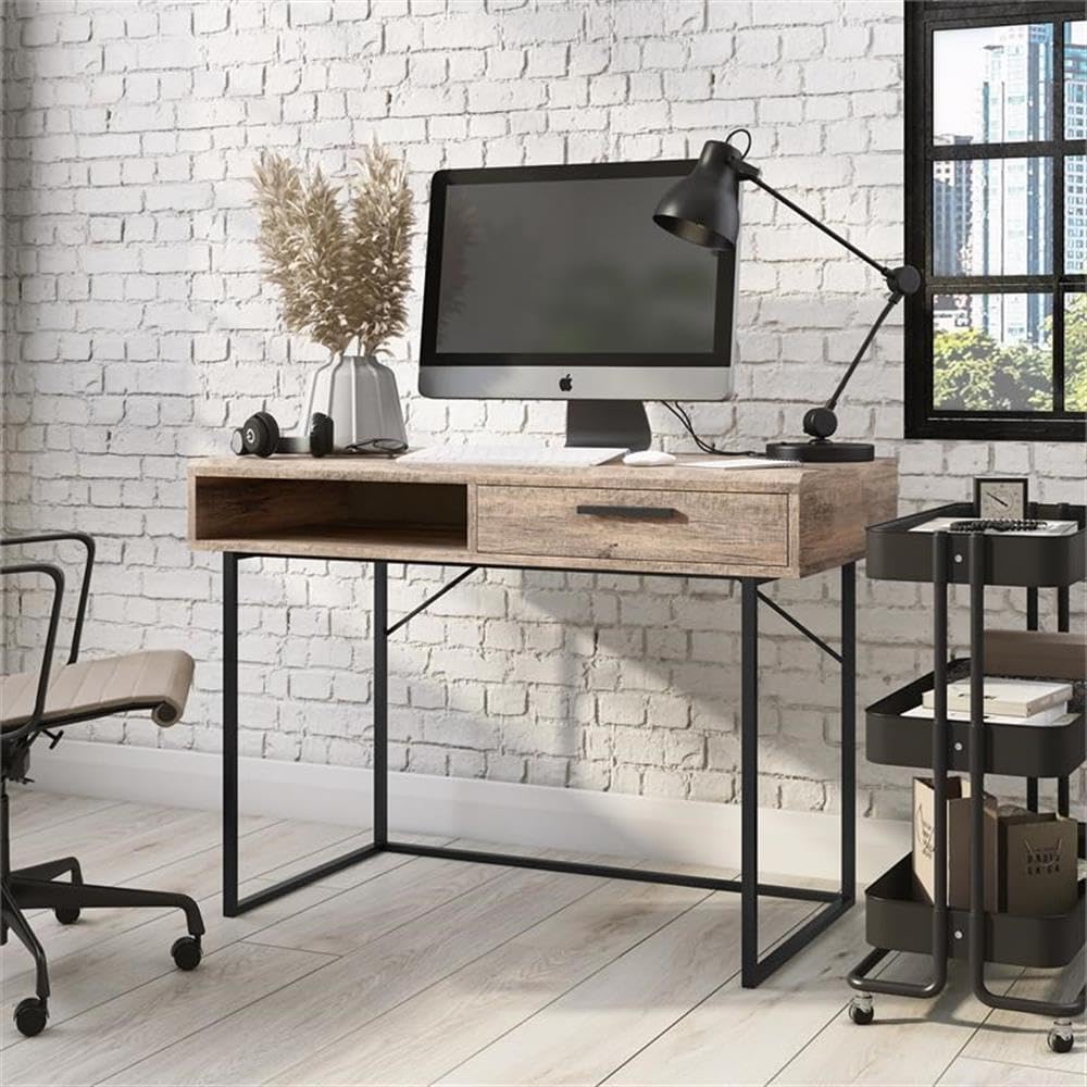 CorLiving Fort Worth Brown Engineered Wood Grain Finish Desk with Drawer & Cubby - Modern Home Office Writing Desk for Small Spaces, Study & Work from Home