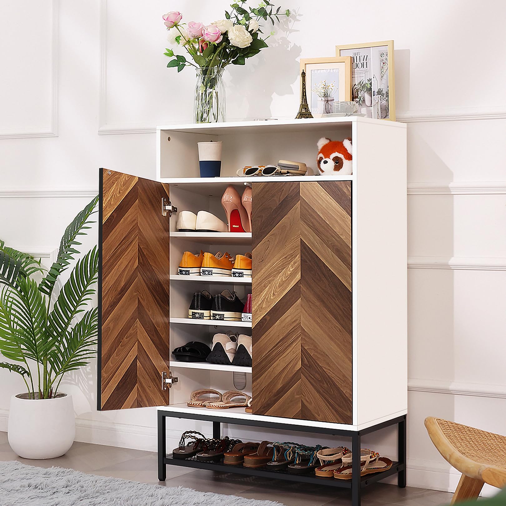 7-Tier Modern Shoe Storage Cabinet with Doors & Adjustable Shelves - Large Capacity Wooden Shoe Rack Organizer for Entryway, Hallway, Closet - Perfect for Dumbbell Storage & Home Organization (White)