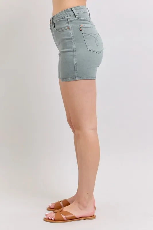 Judy Blue Women's Plus Size Garment Dyed Shorts with Back Pocket Embroidery - Comfortable Casual Wear for Summer Outings & Beach Vacations