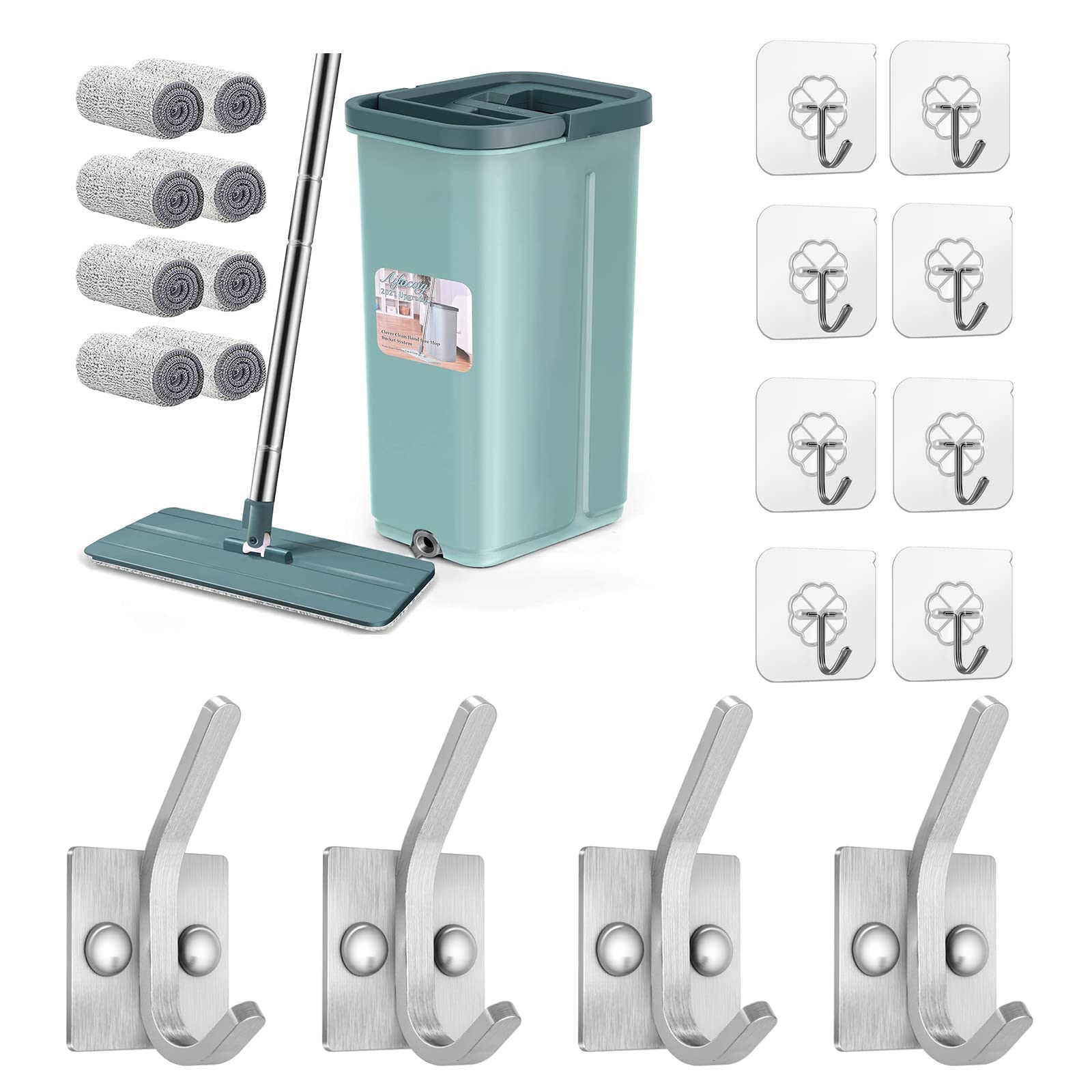 Aifacay Floor Mop and Bucket Set with 8 Reusable Microfiber Pads - Flexible Mop Head & 12 Pack Towel Hooks (4 Stainless Steel + 8 Adhesive Wall Hooks) for Bathroom, Kitchen, and Home Cleaning - Perfect for Tile, Hardwood, and Laminate Floors