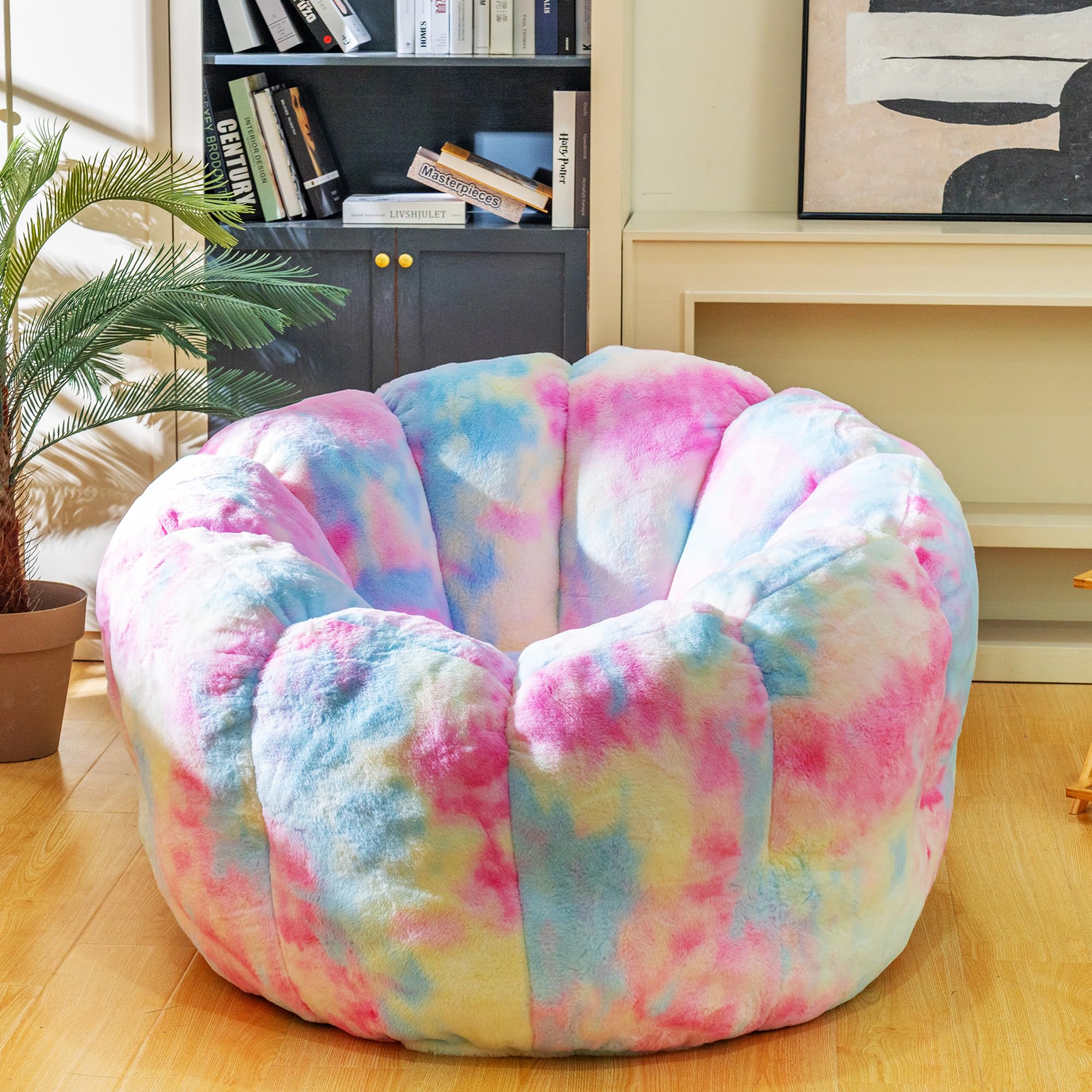 Extra Large Faux Fur Giant Bean Bag Chair with Petal Armrest - High Support Oversized Bean Bag Sofa for Adults, Bedroom, Living Room, Dorm & Gaming Room - Rainbow Color | Perfect for Relaxing, Movie Nights & Gaming Sessions