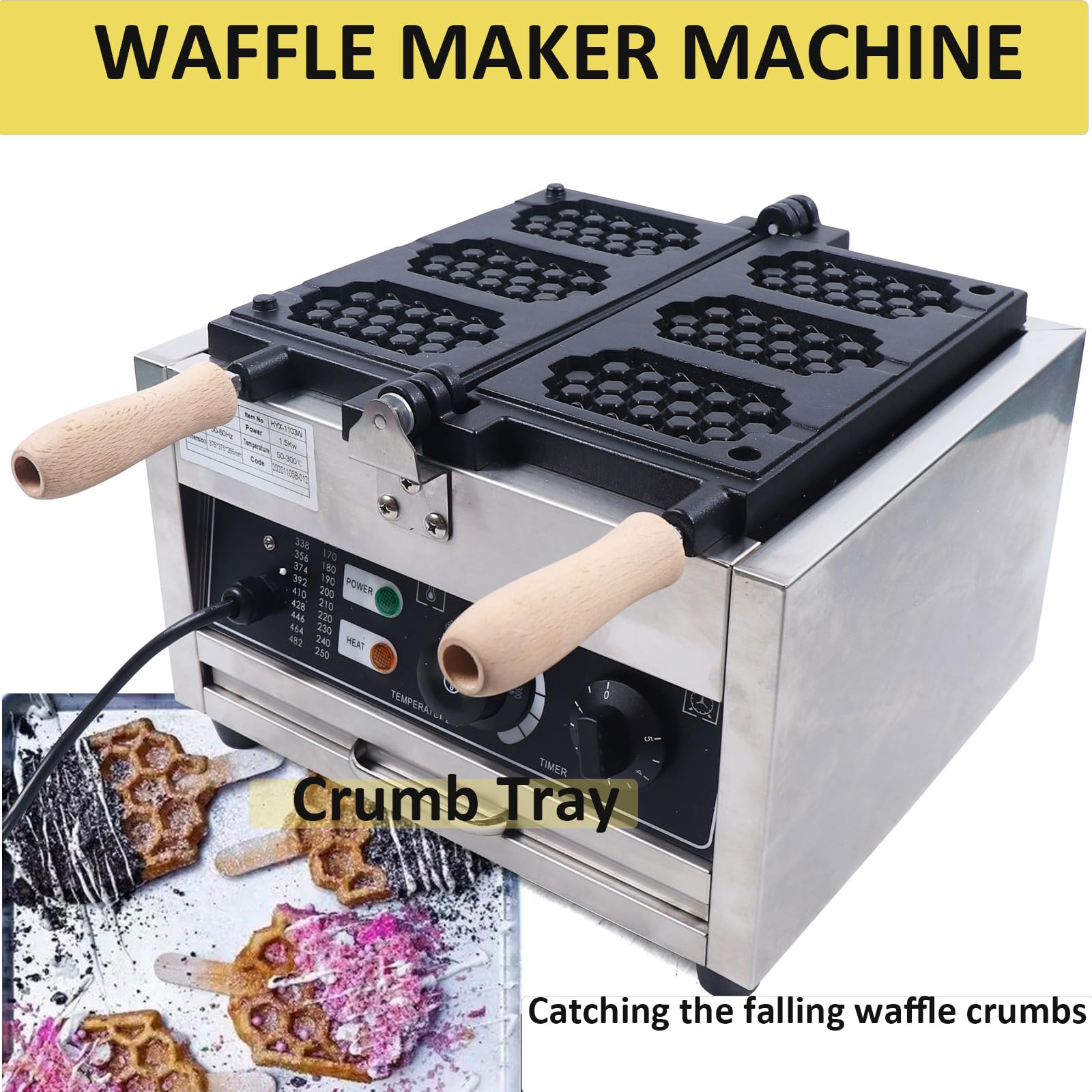 LOYALHEARTDY 110V 1500W Commercial Waffle Maker - 3-Piece Electric Waffle Machine with Non-Stick Surface for Bakeries, Restaurants & Canteens - Perfect for Breakfast Buffets, Cafes, and Catering Services
