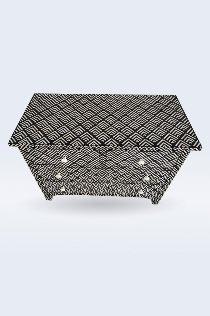 Handmade Exclusive Bone Inlay Dresser with 4 Drawers - Geometric Design Wooden Chest for Bedroom, Living Room & Home Decor Storage Furniture
