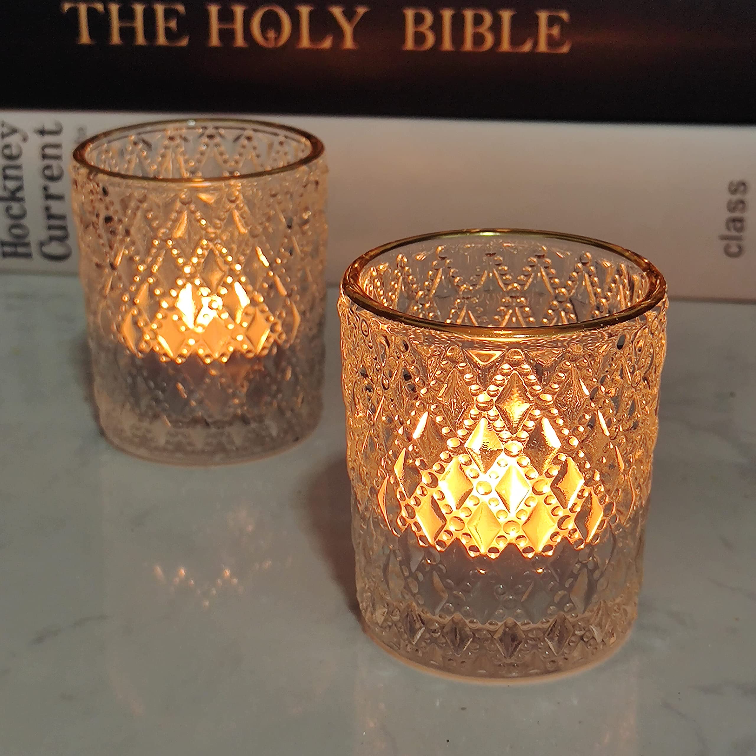 24 Pack Clear Glass Tealight Candle Holders with Rim - Elegant Votive Candle Cups for Wedding Centerpieces, Birthday Party Decor, Christmas Table Settings & Home Ambiance Lighting