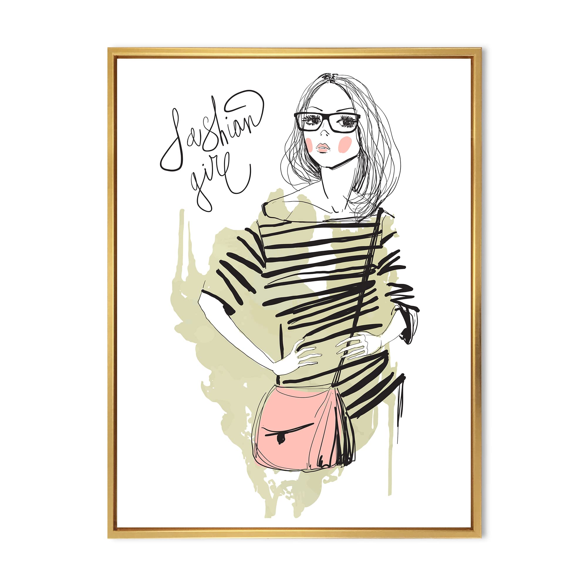 DesignQ Trendy Fashion Girl - Shabby Chic Framed Canvas Wall Art Print | Vintage Home Decor for Bedroom, Living Room & Office | Perfect Gift for Women & Teens