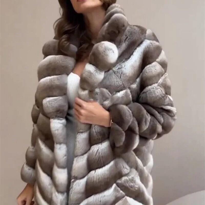 Luxury Women's Long Rex Rabbit Fur Overcoat - Chinchilla Look Winter Coat for Women | Warm Fashion Outerwear for Cold Weather, Parties & Special Occasions