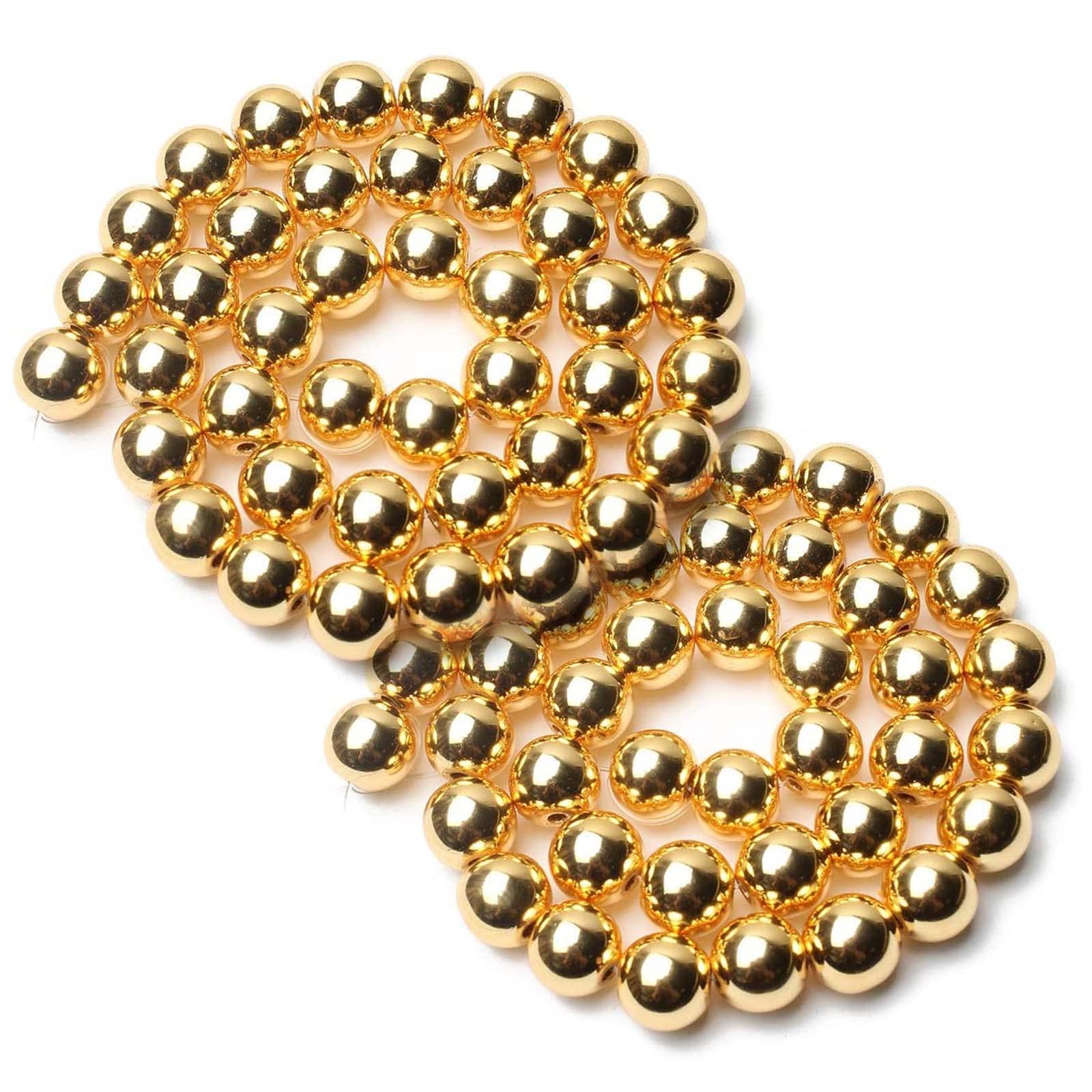 2 Strings 8mm Gold Hematite Beads for Jewelry Making - Smooth Round Loose Non-Magnetic Metallic Beads (90-100pcs) - Perfect for Bracelets, Necklaces & DIY Craft Projects
