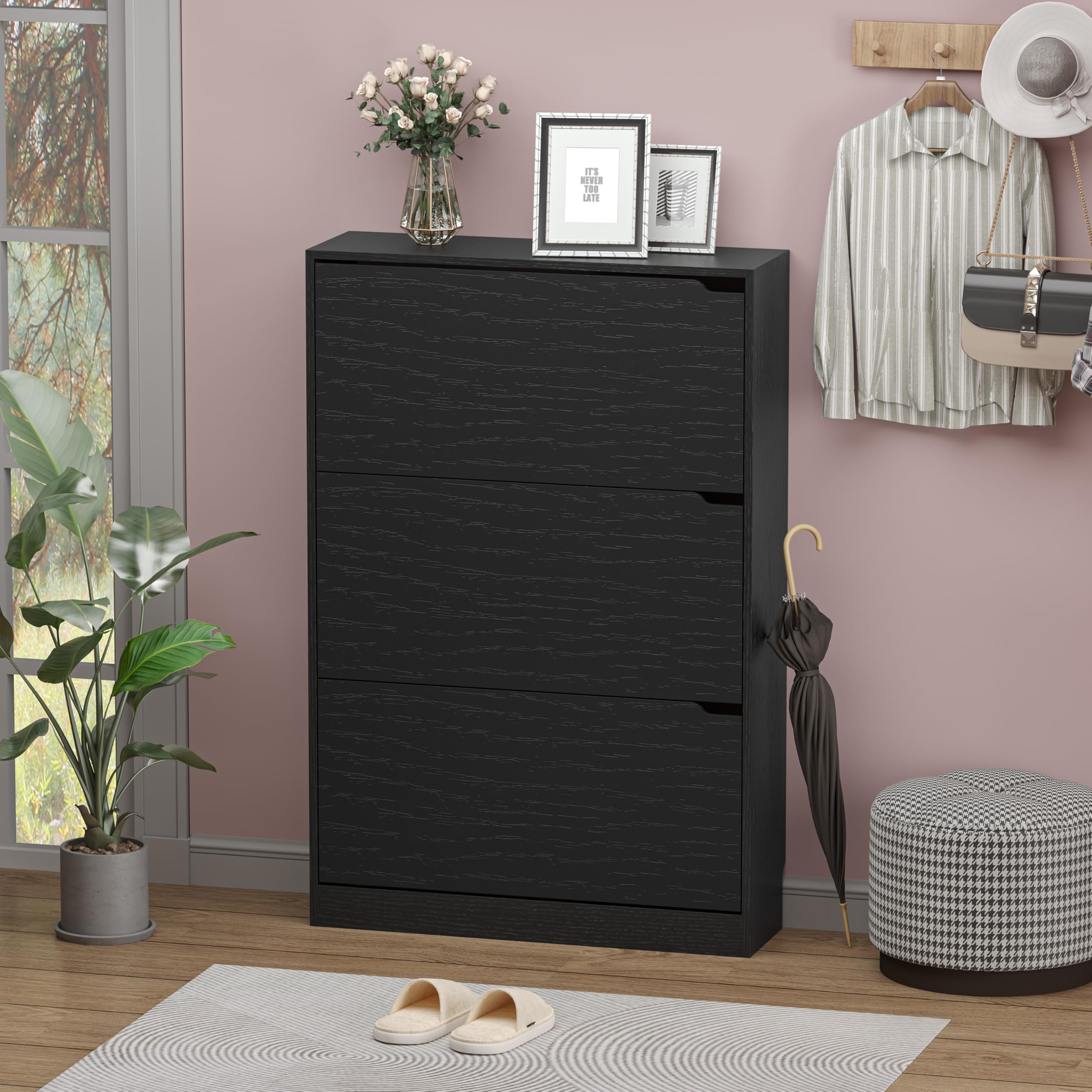 3-Tier Flip Drawer Shoe Storage Cabinet - Narrow Freestanding Shoe Rack Organizer for Entryway, Hallway, Closet - Space Saving Black Shoe Shelf for Small Spaces, Apartments & Dorm Rooms