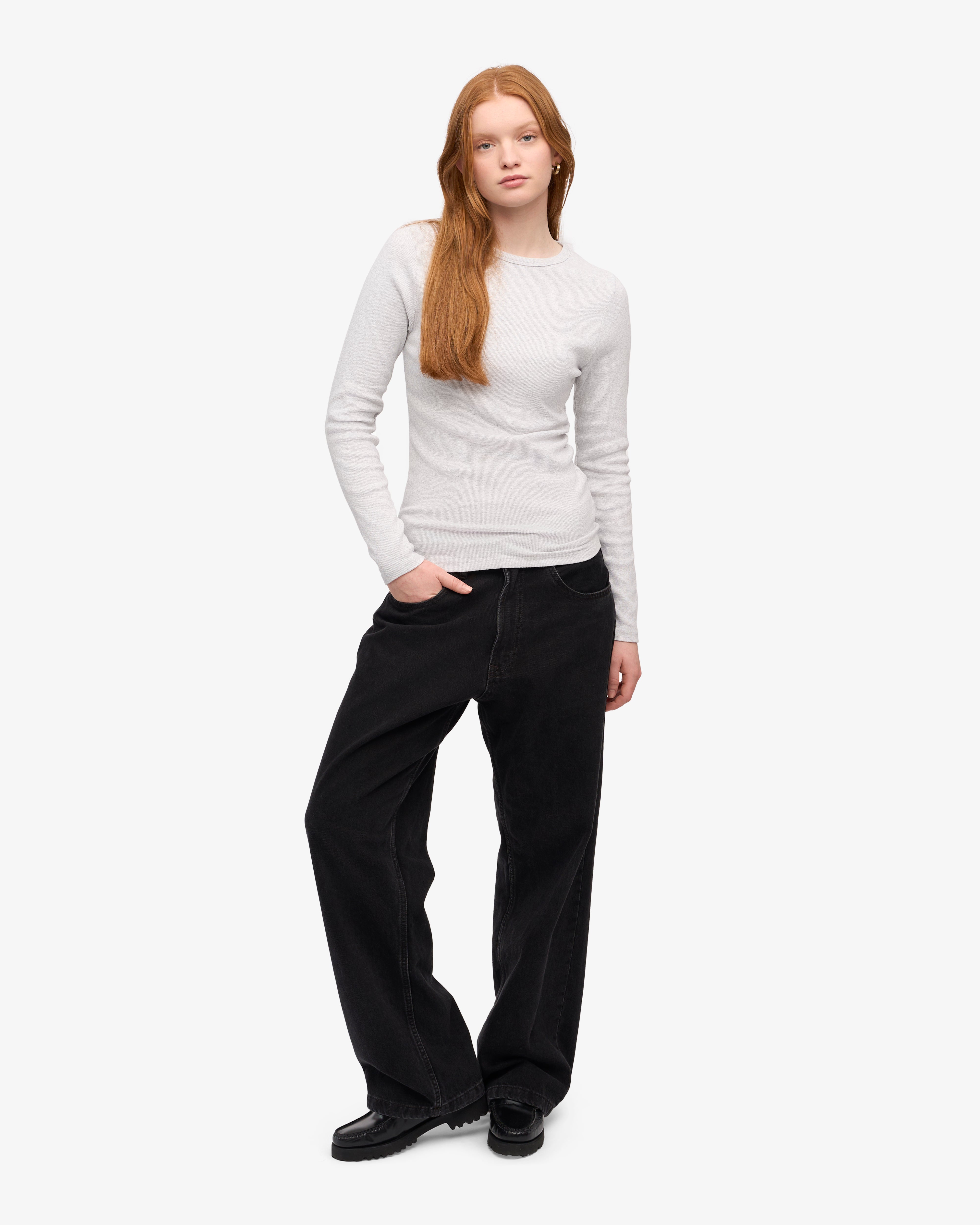 Organic Women's Long Sleeve Ribbed T-Shirt - Snow Melange Color | Soft Comfortable Casual Top for Everyday Wear, Work & Outfits