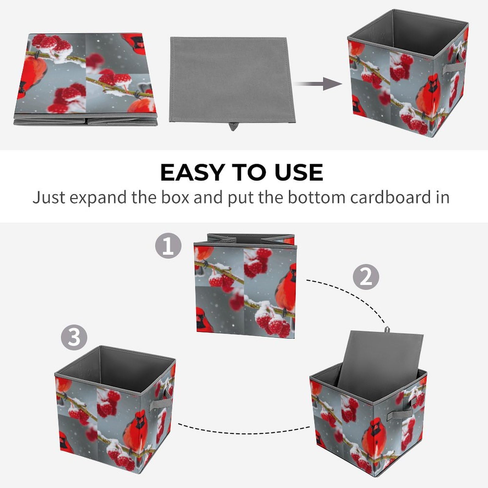 Collapsible Storage Bins with Handles - Cardinal Birds & Snow Cranberries Printed Fabric Organizer Baskets for Home, Closet, Office & Nursery Organization | Space-Saving Storage Solution