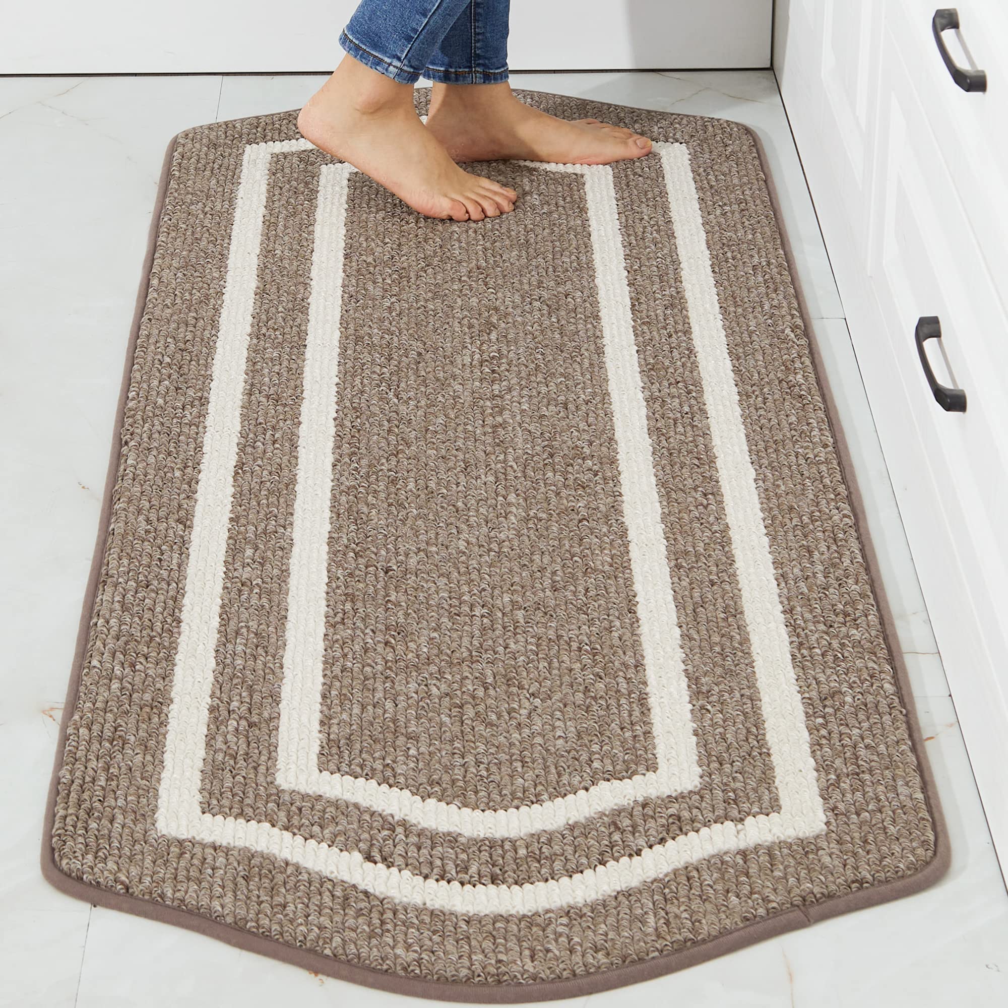 Super Absorbent Non-Skid Kitchen Floor Mat - 24x48 Inch Washable Polypropylene Sink Rug for Comfortable Standing - Brown with Frame Design | Perfect for Front of Sink, Dishwashing Area & High-Traffic Kitchen Spaces