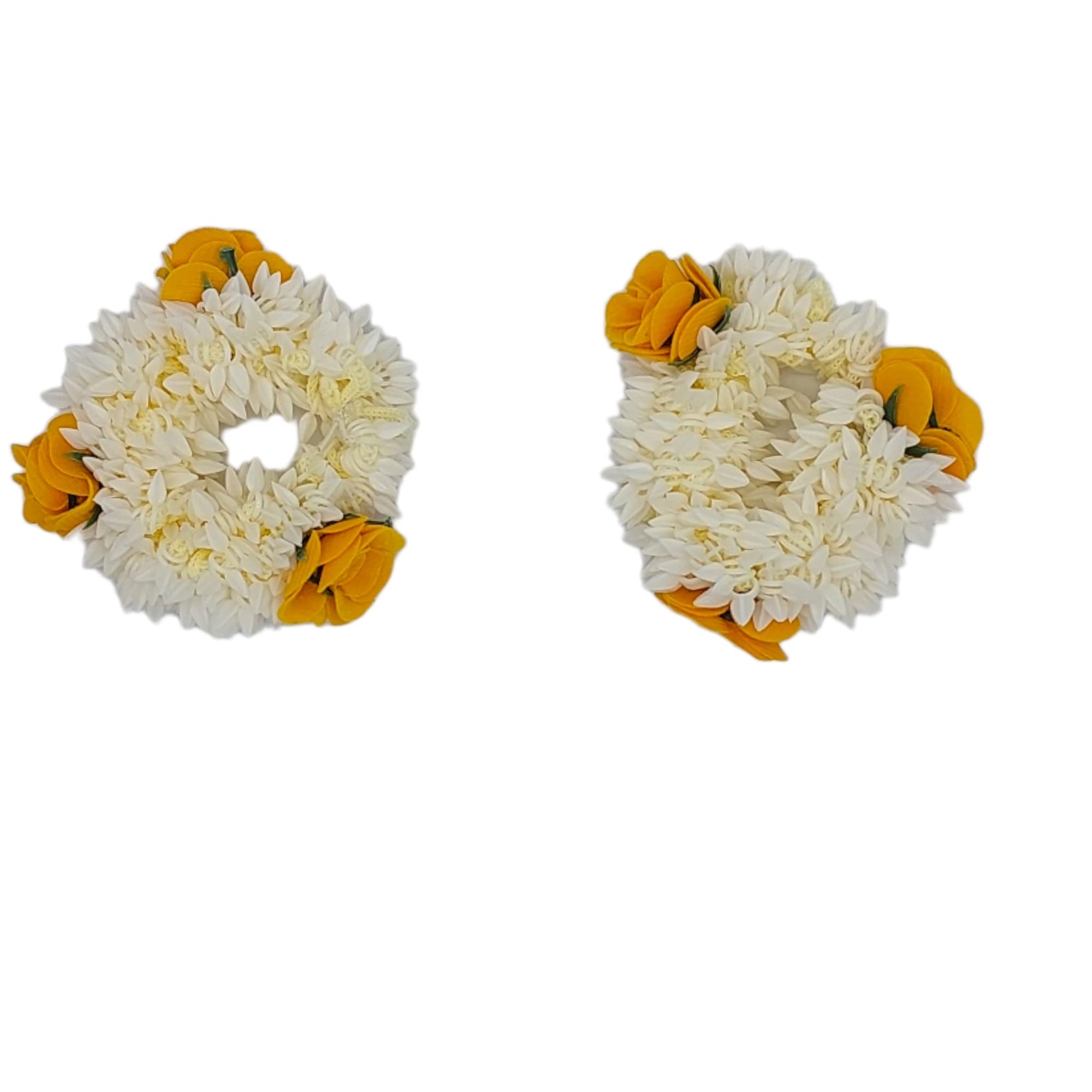 DIAN Pack of 2 White & Yellow Artificial Flower Hair Scrunchies for Women - Mogra Gajra Hair Bun Accessories for Wedding, Party & Boho Style (Perfect for Bridal, Festival & Everyday Fashion)