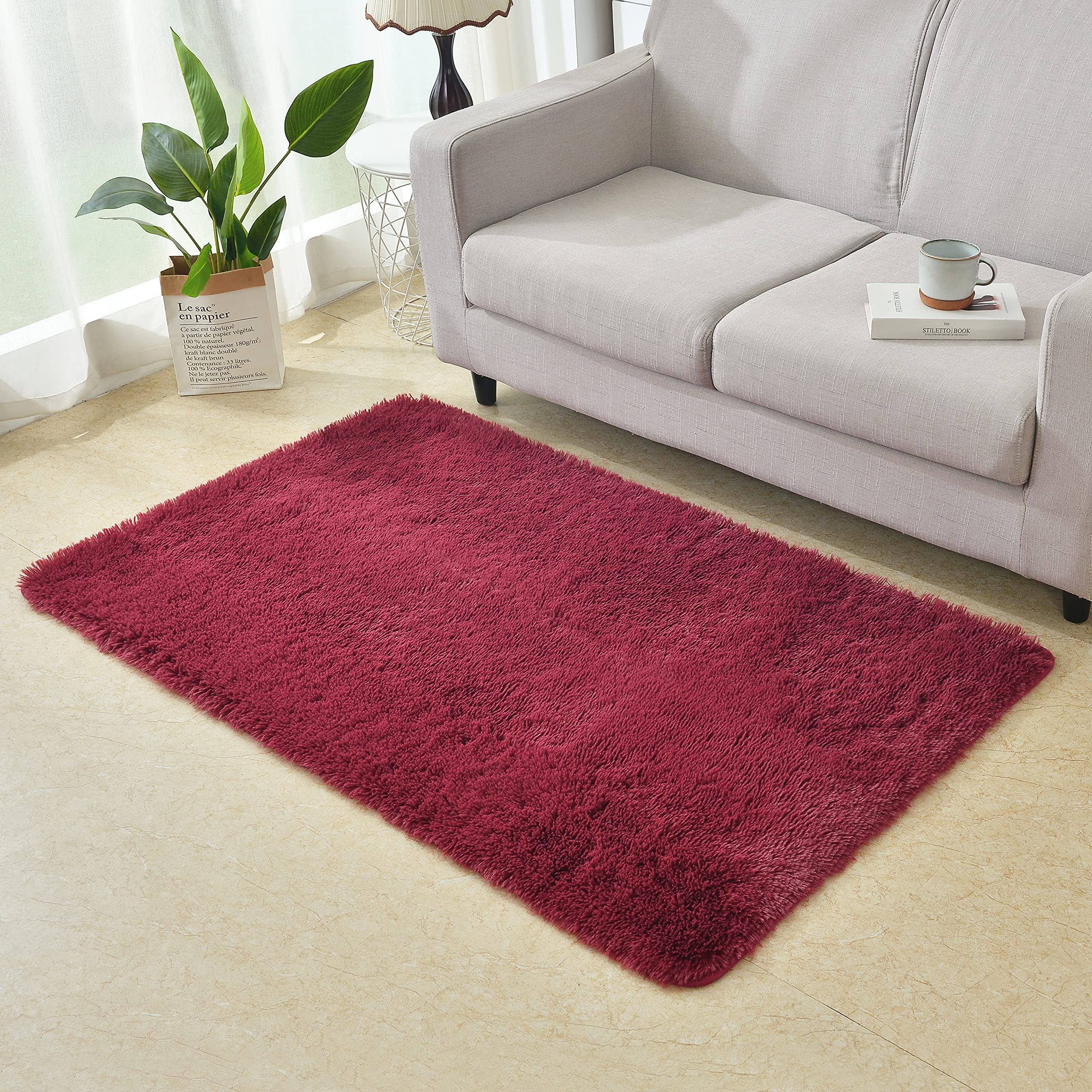 Soft Fluffy Faux Fur Shag Rug - Aesthetic Burgundy Bedroom Carpet for Kids Playroom & Cozy Home Decor | Perfect for Nursery, Living Room & Dorm