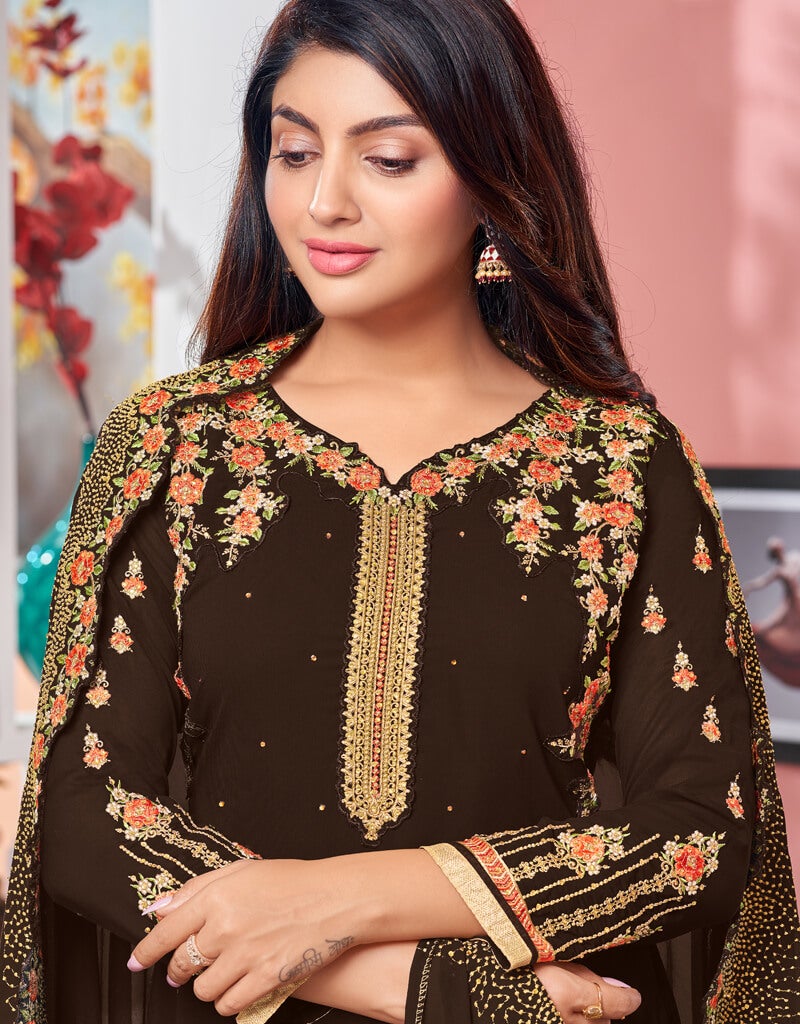 Brown Chudidar Style Straight Faux Georgette Kurti - Elegant Indian Ethnic Wear for Women | Perfect for Festivals, Weddings & Casual Outings