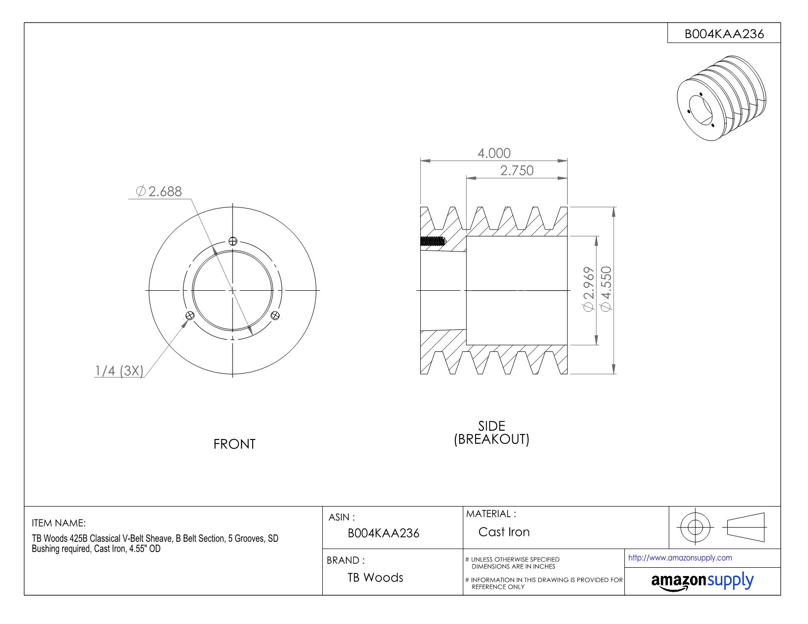 425B Classical V-Belt Sheave - B Belt Section 5 Grooves with SD Bushing - Cast Iron 4.55