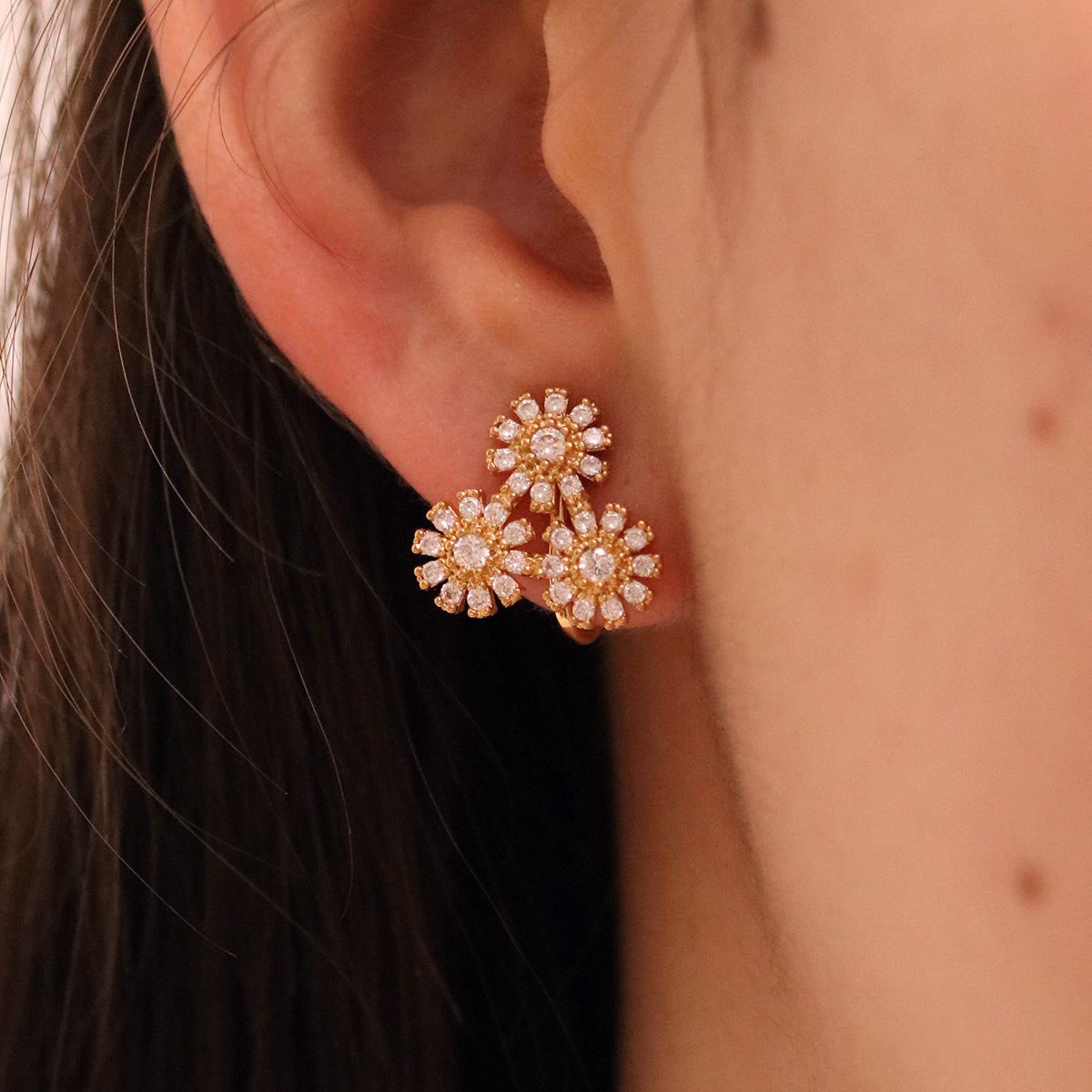 Trendy Triple Daisy Cubic Clip-On Earrings for Women – Perfect for Weddings, Parties & Everyday Wear