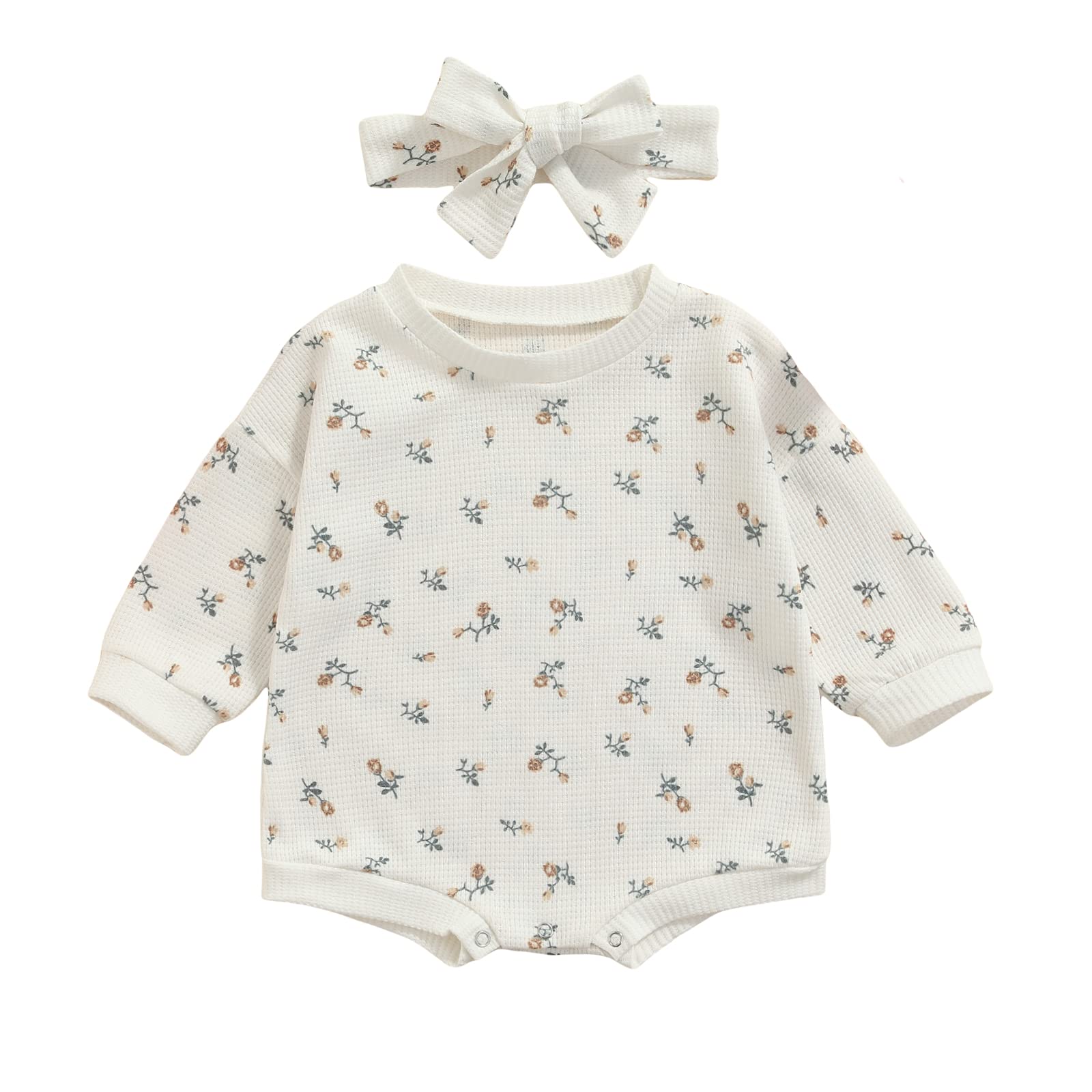 2-Pack Baby Girls' Floral Crewneck Sweatshirt Romper - Soft Knit Waffle Long Sleeve Bodysuit for Infants 0-24 Months | Perfect for Playdates, Photo Shoots & Everyday Comfort