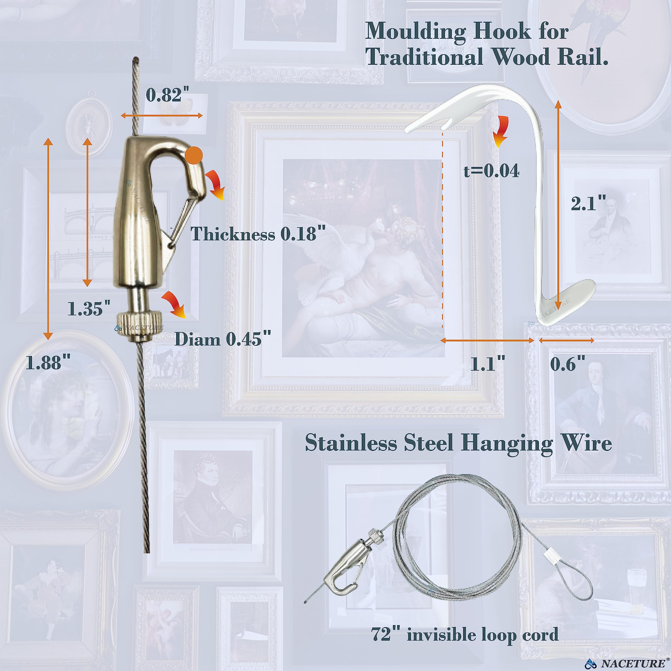 Heavy Duty Picture Hanging Kit - 12 White Rail Hooks, 72