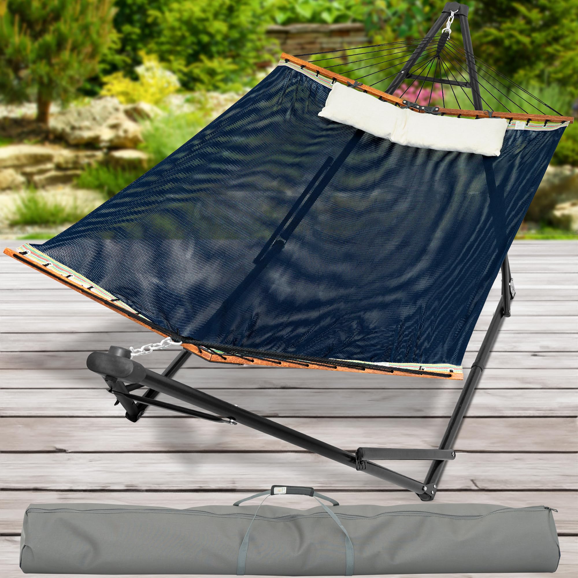 Tranquillo Unity Adjustable Hammock Stand - 800 lbs Capacity Steel Double Hammock Stand for 2 Persons - Premium Pre-Assembled Indoor/Outdoor Hammock Stand in Aegean Blue - Perfect for Backyard Relaxation, Beach Lounging & Camping Comfort
