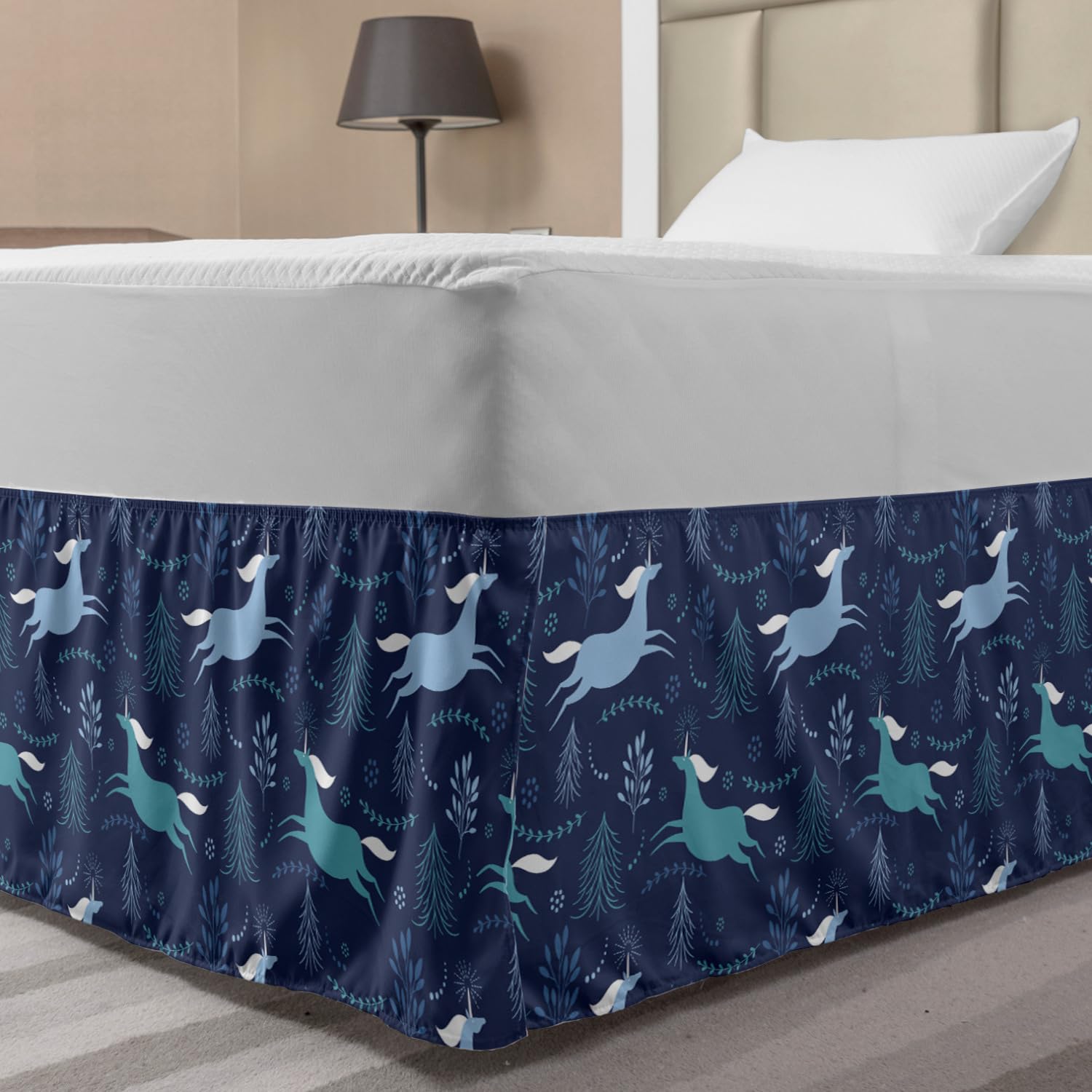 Ambesonne Unicorns Bed Skirt - Fantasy Floral Design Wrap Around Elastic Gathered Bedroom Decor for Twin/Twin XL Beds in Dark Lavender Sky Blue | Perfect for Kids' Rooms, Fantasy Themed Bedrooms & Whimsical Home Decor