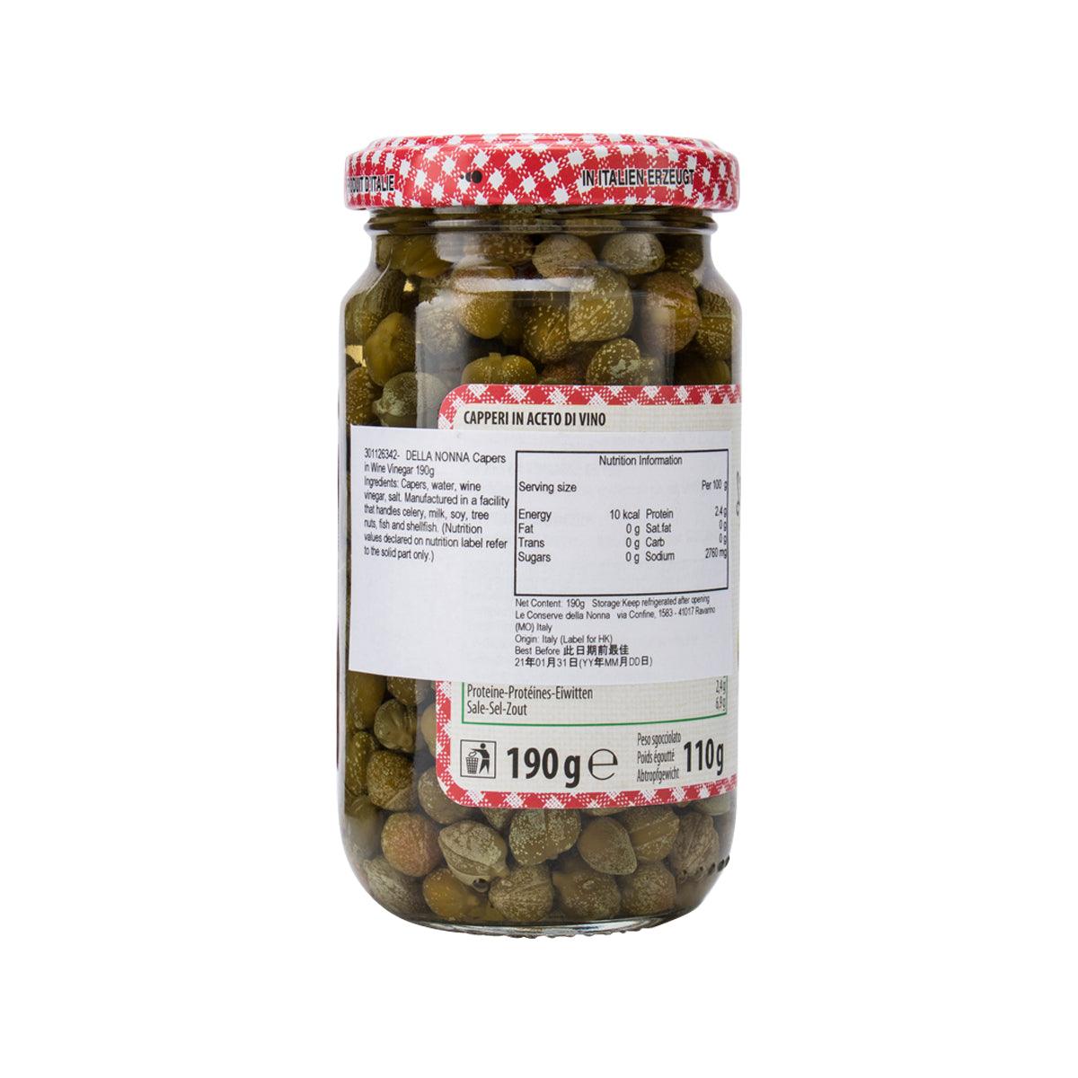 Premium DELLA NONNA Capers in Wine Vinegar - 190g Jar | Imported Italian Gourmet Pantry Staple | Perfect for Salads, Pasta & Mediterranean Recipes