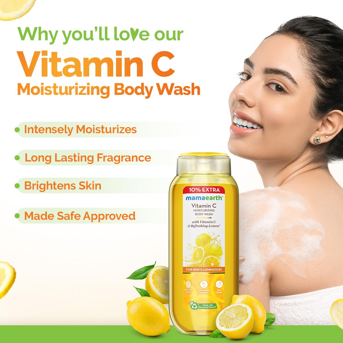 Mamaearth Vitamin C Moisturizing Body Wash with Lemon Scent - 9.3oz (275ml) | Deep Cleansing & Hydrating | Brightens Skin | Long-Lasting Fragrance | For All Skin Types | Pack of 2 | Perfect for Daily Shower & Spa Day at Home