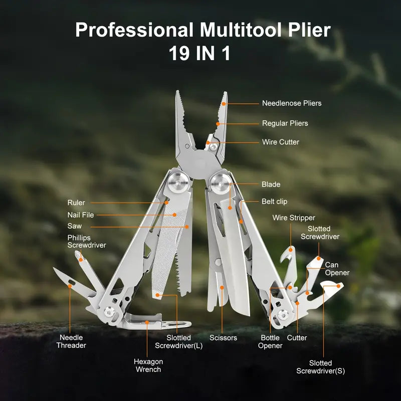 19-in-1 Stainless Steel 440A Multitool - Foldable Pocket Pliers for Camping, Hiking, Survival & Everyday Carry (EDC)