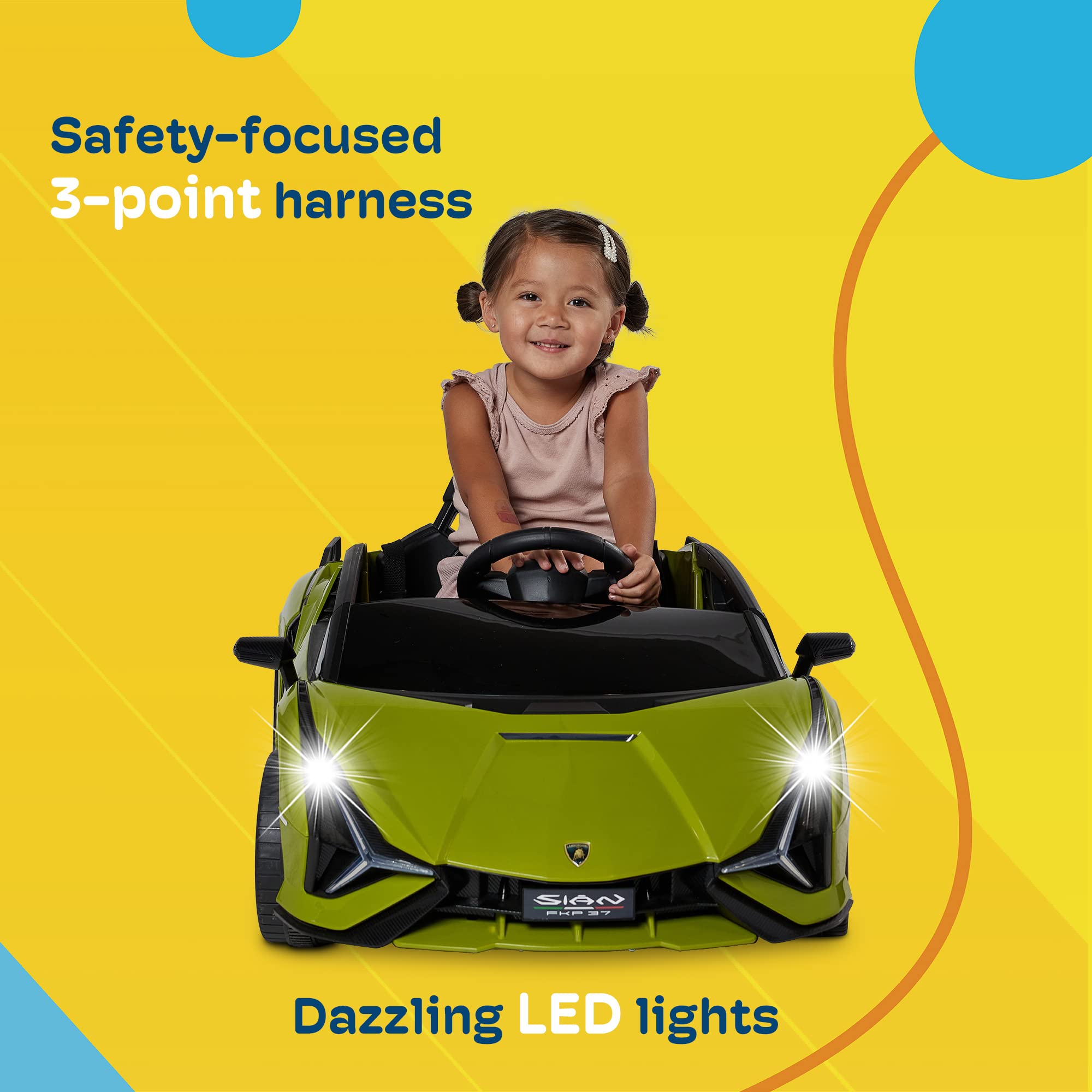 Kidzone Kids 12V Electric Ride-On Lamborghini Sian Roadster Toy Car with Remote Control, Suspension Wheels, LED Lights & Music - Green/Gold | Licensed Motorized Vehicle for Boys & Girls | Outdoor Play, Birthday Gifts, Backyard Fun