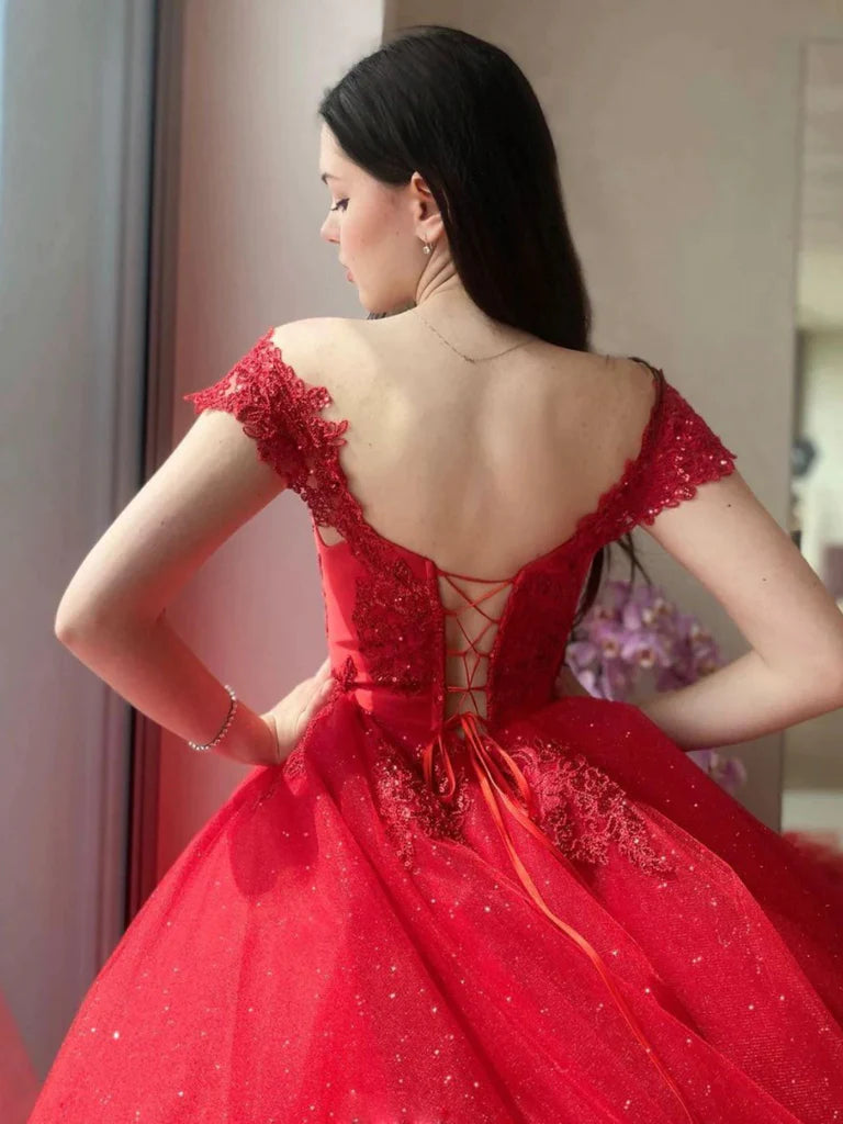2025 Red Lace Off Shoulder Wedding Dress with Beaded Tulle & Sequin Details - Elegant Long Quinceanera Gown for Brides, Prom, and Special Occasions