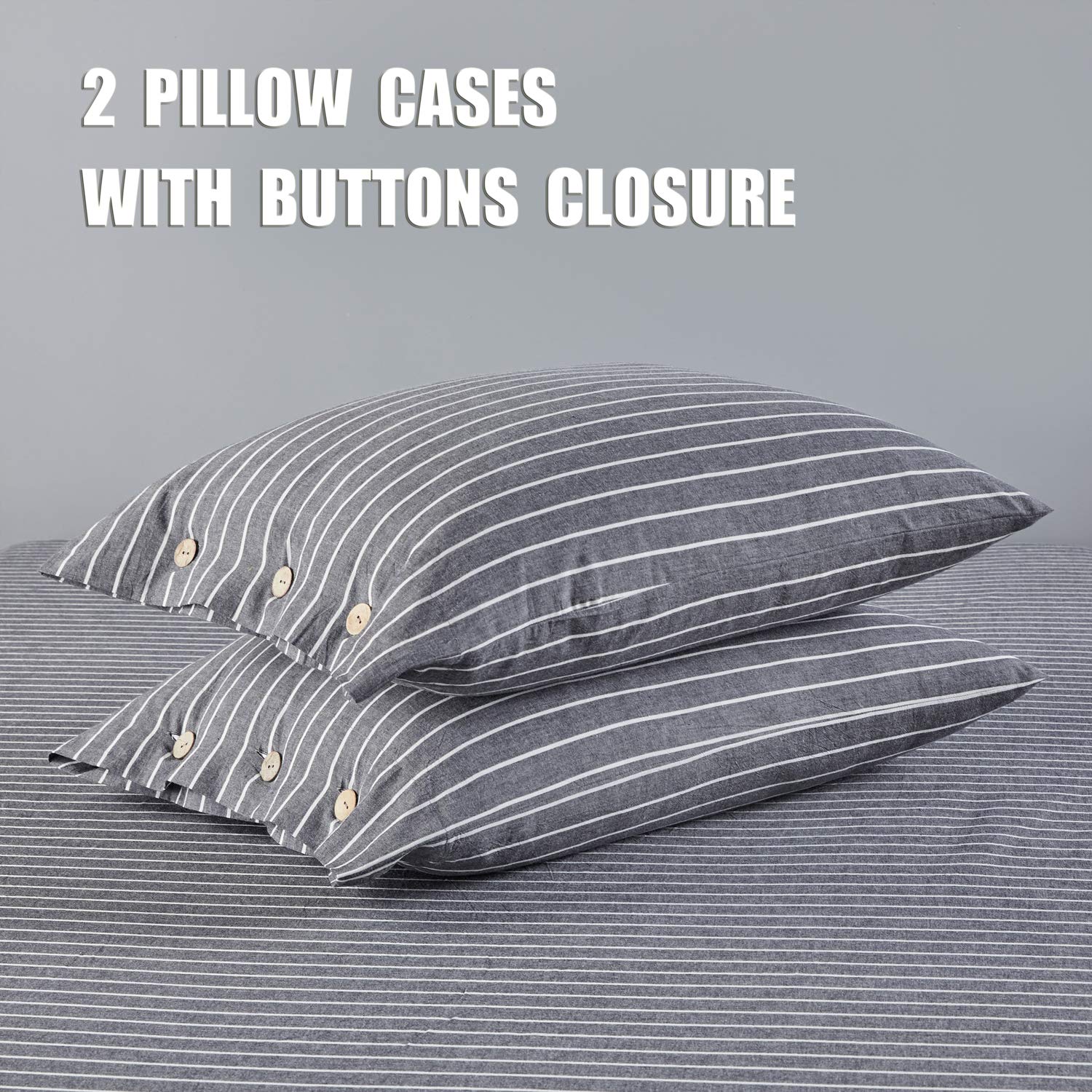 JELLYMONI 100% Washed Cotton Linen-Like Duvet Cover Set - 3 Piece Luxury Soft Bedding Set with Button Closure, Grey Stripes King Size (Comforter Not Included) - Perfect for Master Bedrooms, Guest Rooms & Cozy Home Decor