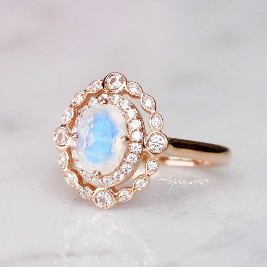Valentina Rainbow Moonstone Engagement Ring - 10K/14K/18K Solid Rose Gold Wedding Band for Women | Perfect for Proposals, Anniversaries & Special Occasions