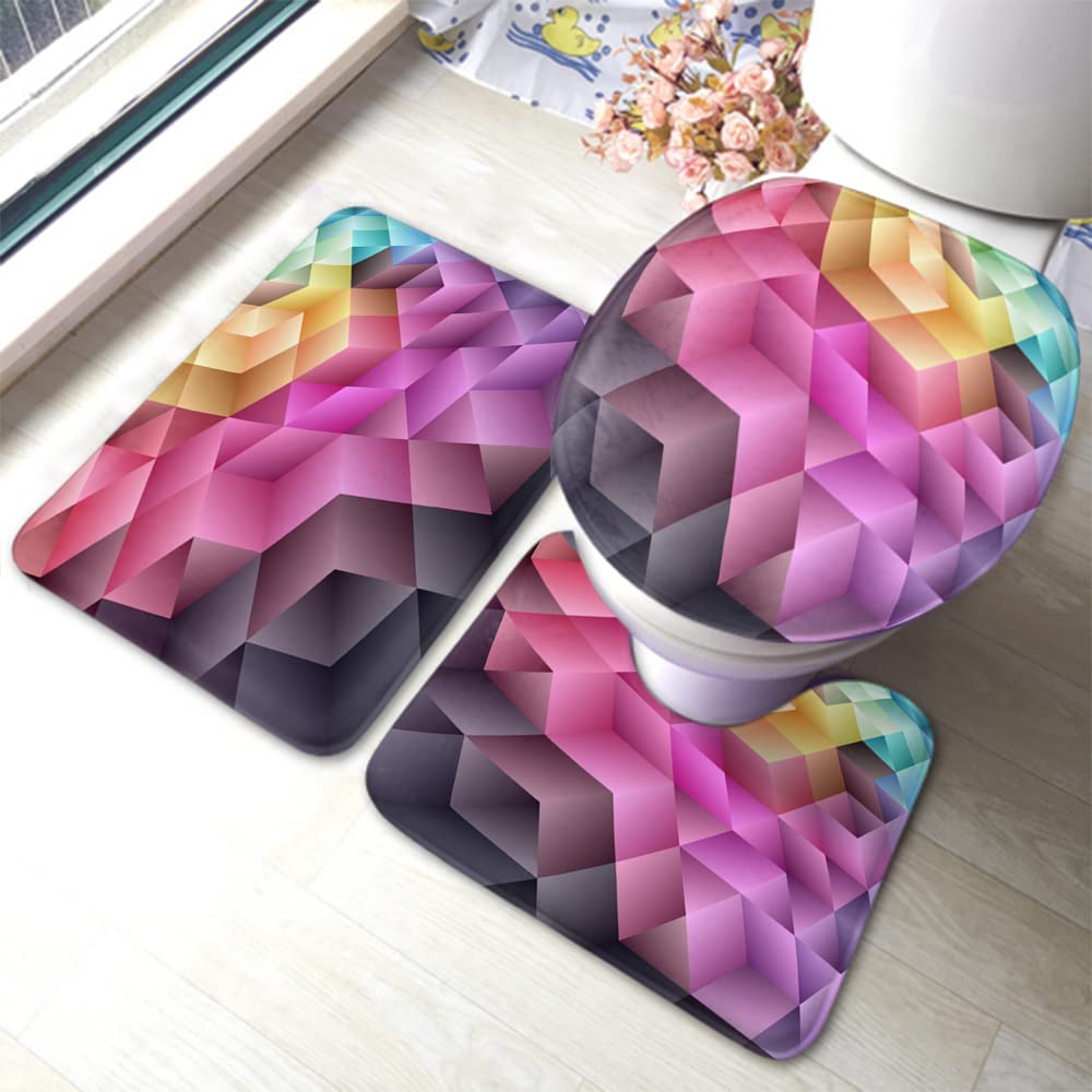 Zaueky Modern 3-Piece Bathroom Rug Set - Non-Slip Geometric Design, Colorful Curved Contour Mats with Rubber Backing & Toilet Lid Cover - Perfect for Bathroom Safety and Stylish Decor