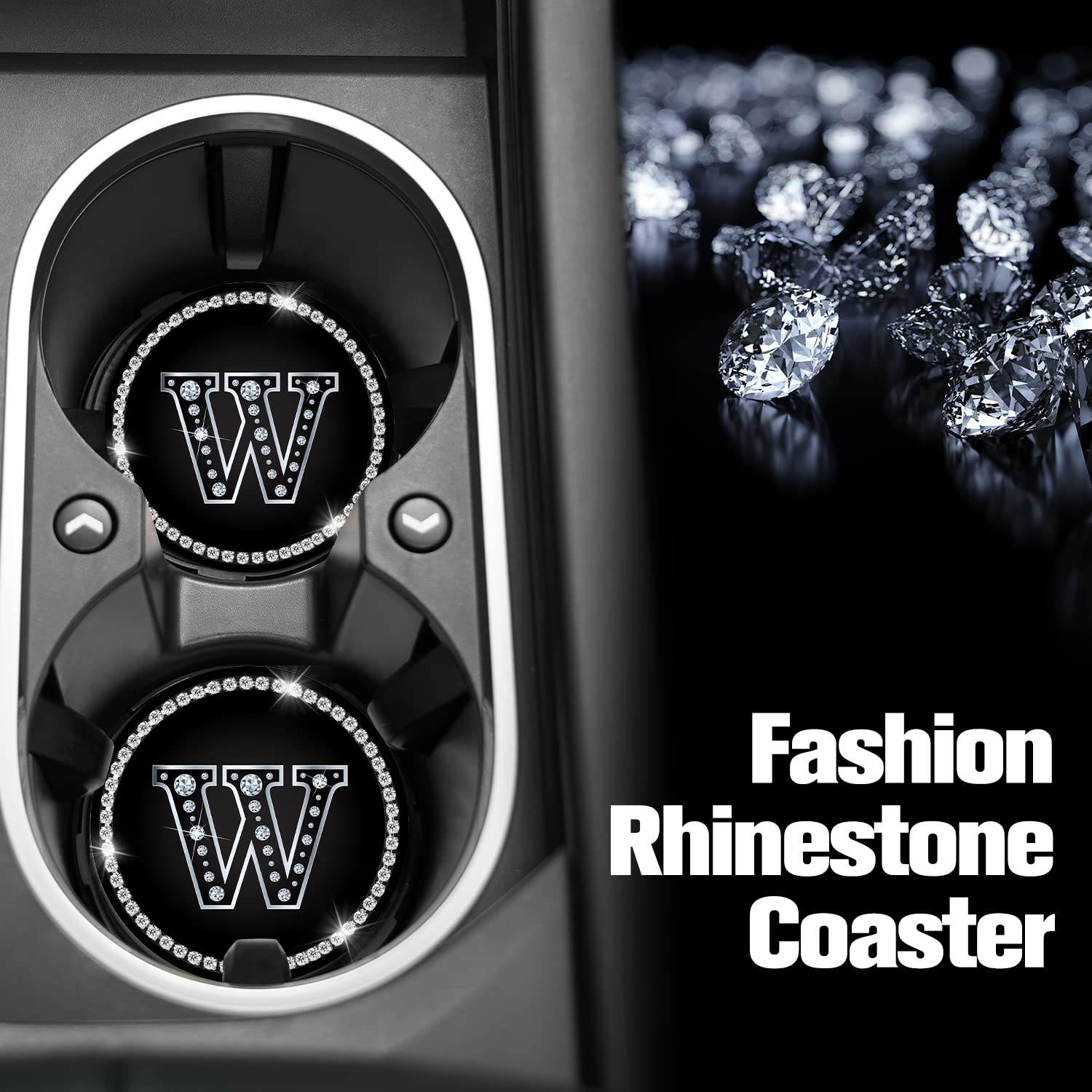 Jupswan 2-Pack Bling Crystal Rhinestone Silicone Car Cup Holder Coaster - Letter W Initial Design for Women & Men | Automotive Accessories Decor | Perfect for Coffee, Drinks & Gift Giving