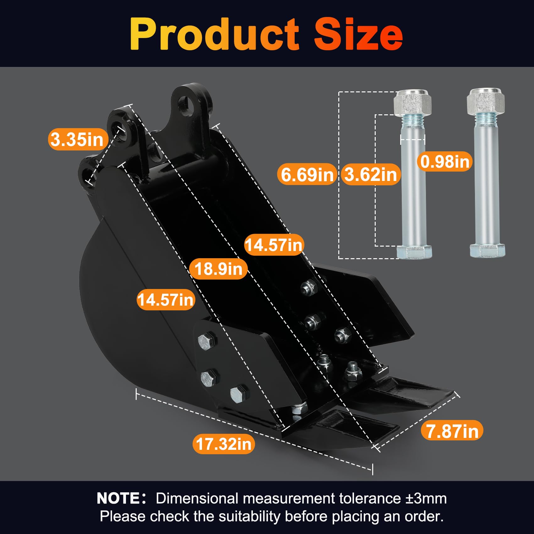 7.87in (200mm) Narrow Digging Bucket for Mini Excavators - 0.98in Hole Diameter, 3.54in Center Wheelbase - Heavy Duty Metal Trenching Digger with Steel Teeth - Perfect for Landscaping, Construction & DIY Projects