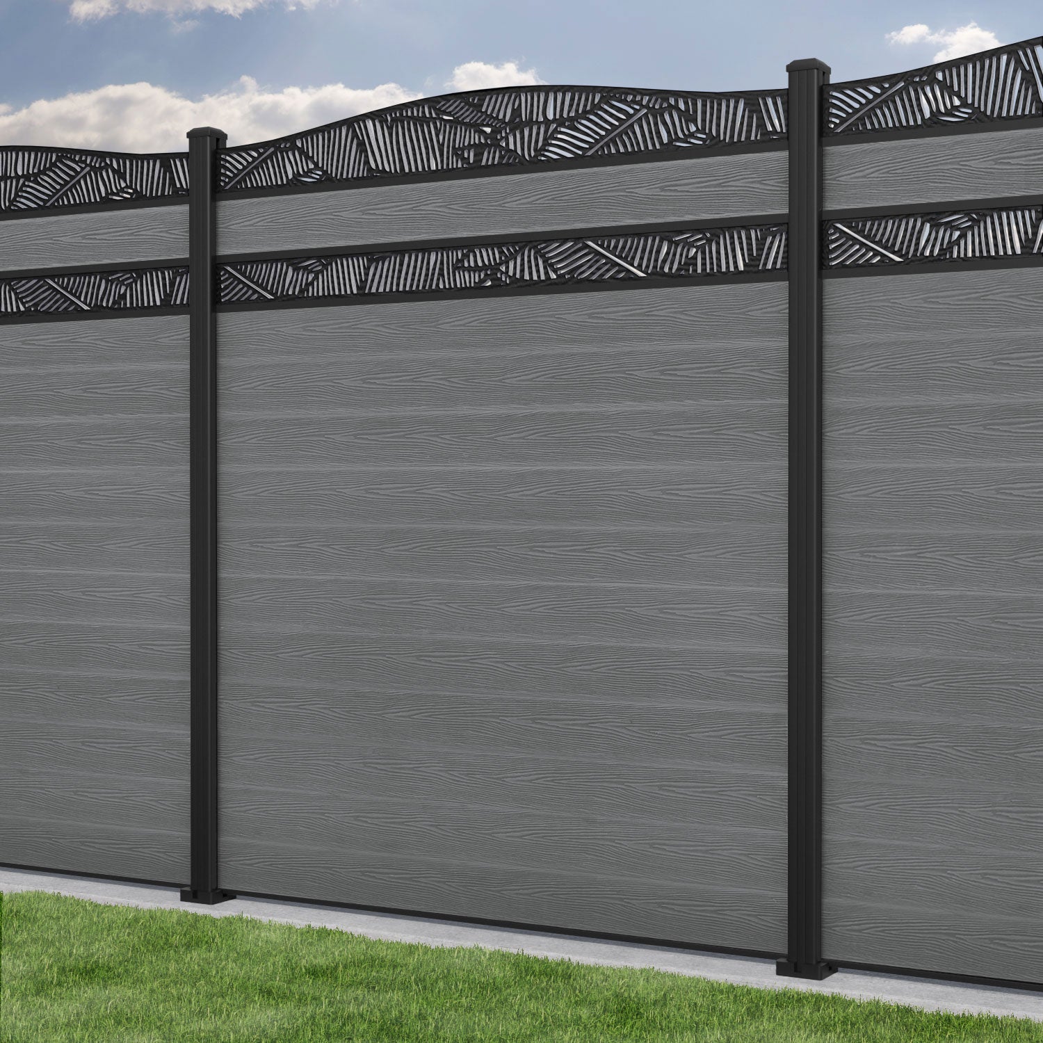 Classic Feather Curved Top Split Screen Fence Panel - Mid Grey - Durable Aluminum Posts - Perfect for Garden Privacy, Patio Dividers & Backyard Landscaping