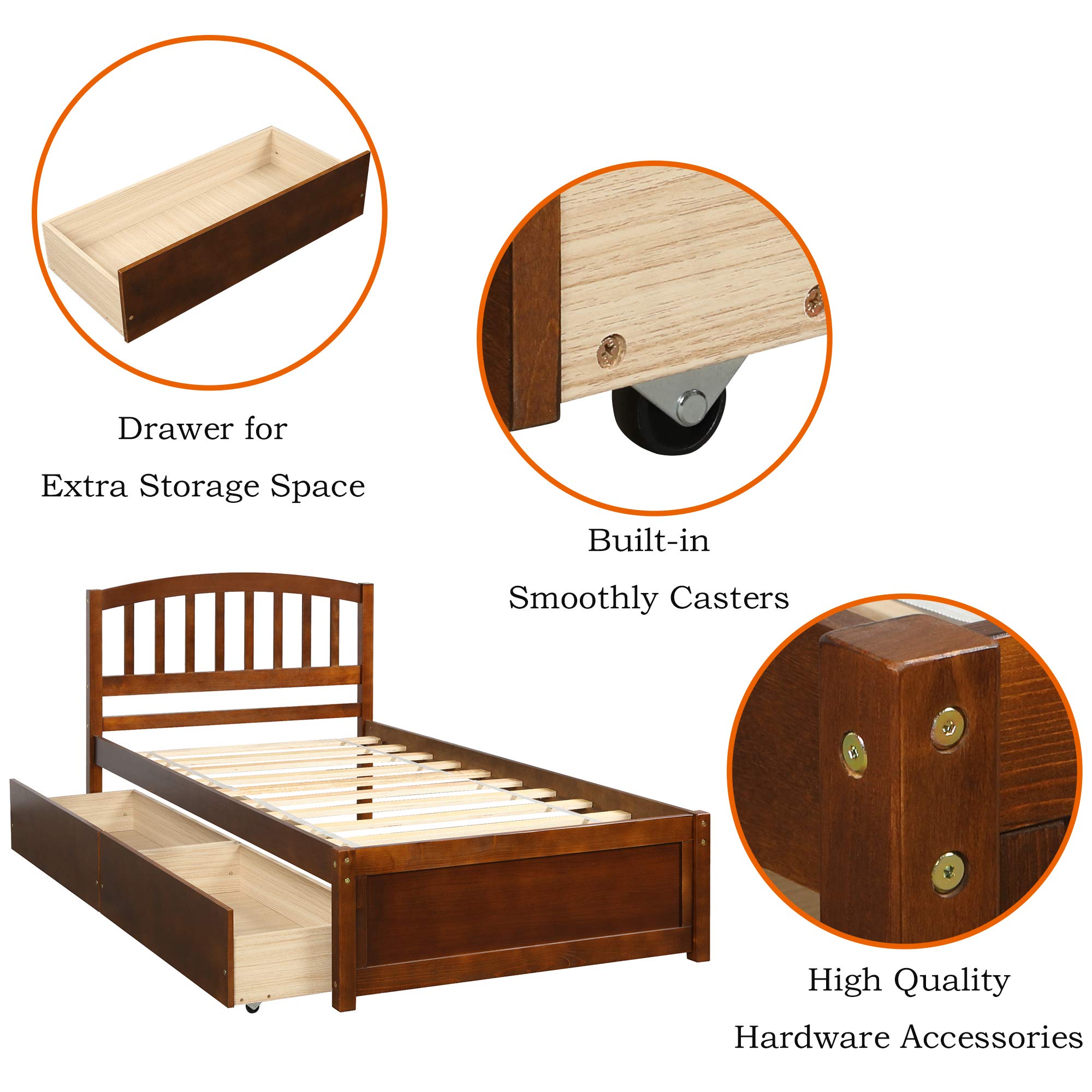 Merax Twin Size Platform Bed Frame with 2 Storage Drawers & Headboard - Solid Wood, Walnut Finish - Perfect for Small Bedrooms & Guest Rooms