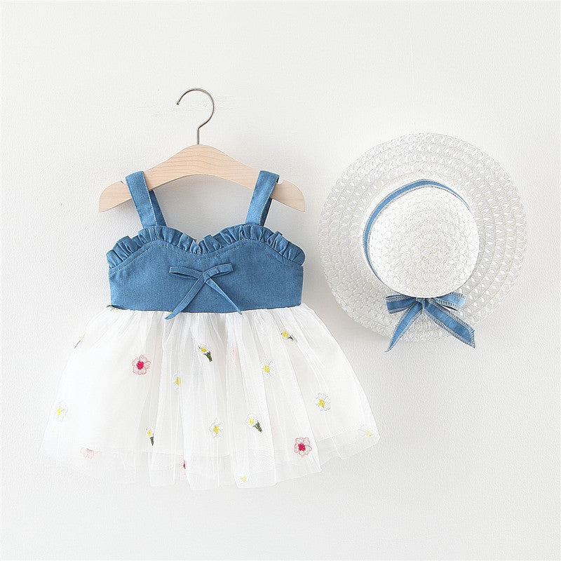 Denim Suspender Baby Dress with Mesh Splicing - Cute Princess Outfit for Girls | Perfect for Birthday Parties, Photo Shoots & Special Occasions