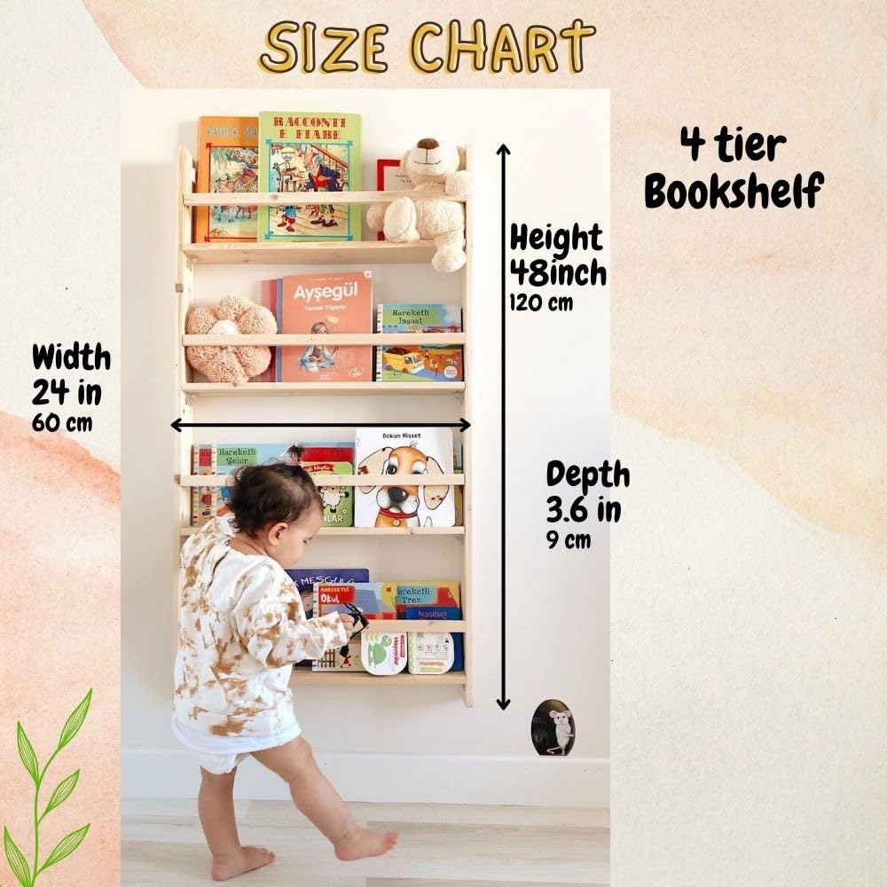 Handmade Solid Wood Montessori Wall Mounted Bookshelf - 4 Tier Kids Book Display Organizer for Nursery, Bedroom & Living Room - Natural Pine Wood Bookcase for Toddlers & Children (Perfect for Montessori Learning & Home Decor)