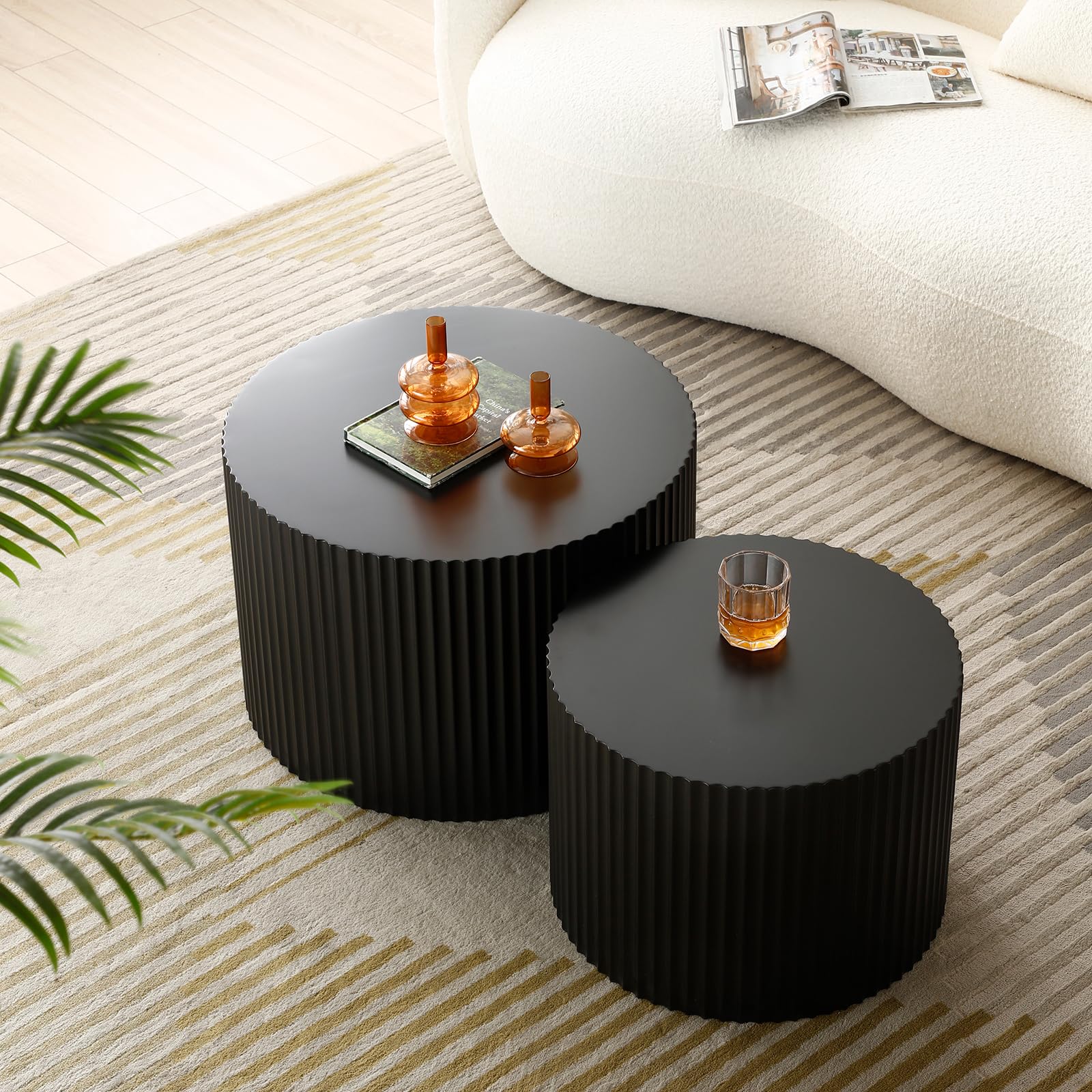 Modern Round Nesting Coffee Table Set of 2 - Handcrafted Wood Drum Side Tables with Embossed Design - Black Accent End Tables for Living Room & Bedroom - Perfect for Small Spaces, Coffee Time, and Stylish Home Decor