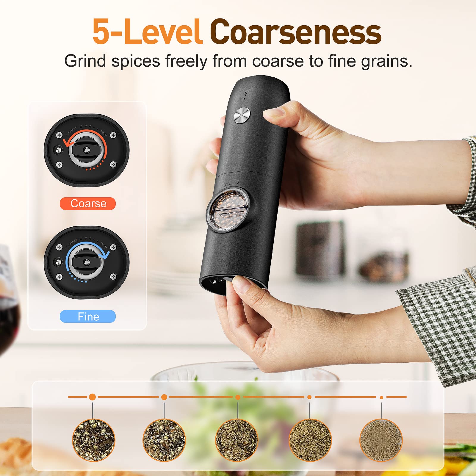 Electric Salt and Pepper Grinder Set - Rechargeable Automatic Spice Mill with Adjustable Coarseness, 70ml Capacity & LED Light - One-Hand Operation for Kitchen, Cooking, BBQ, and Dining Table Seasoning