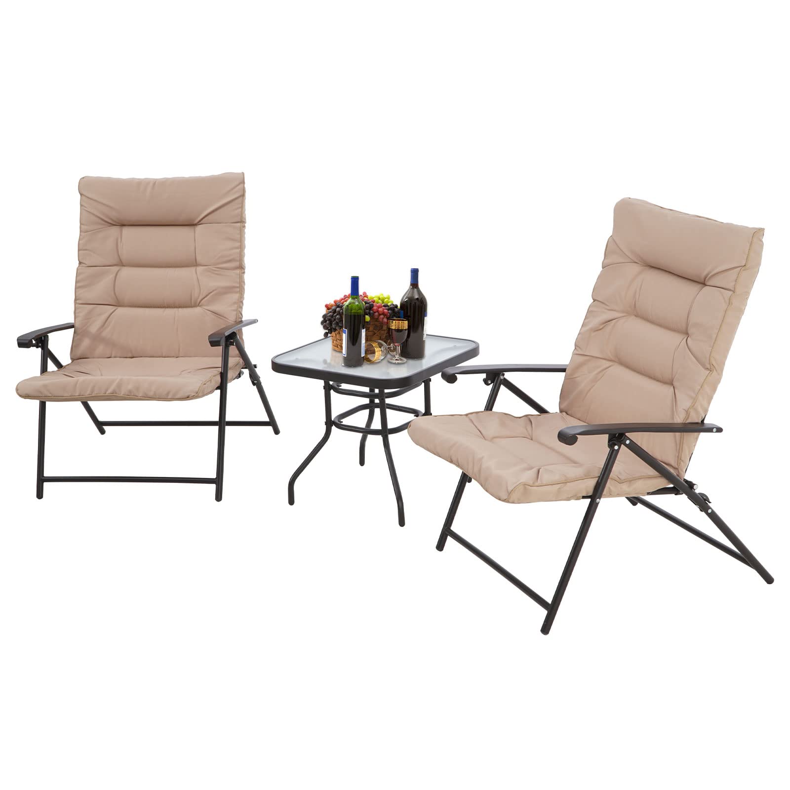 **Crownland 3-Piece Folding Patio Bistro Set - Outdoor Adjustable Steel Chairs with Tempered Glass Table (Brown) - Perfect for Garden, Balcony, and Small Conversation Areas**
