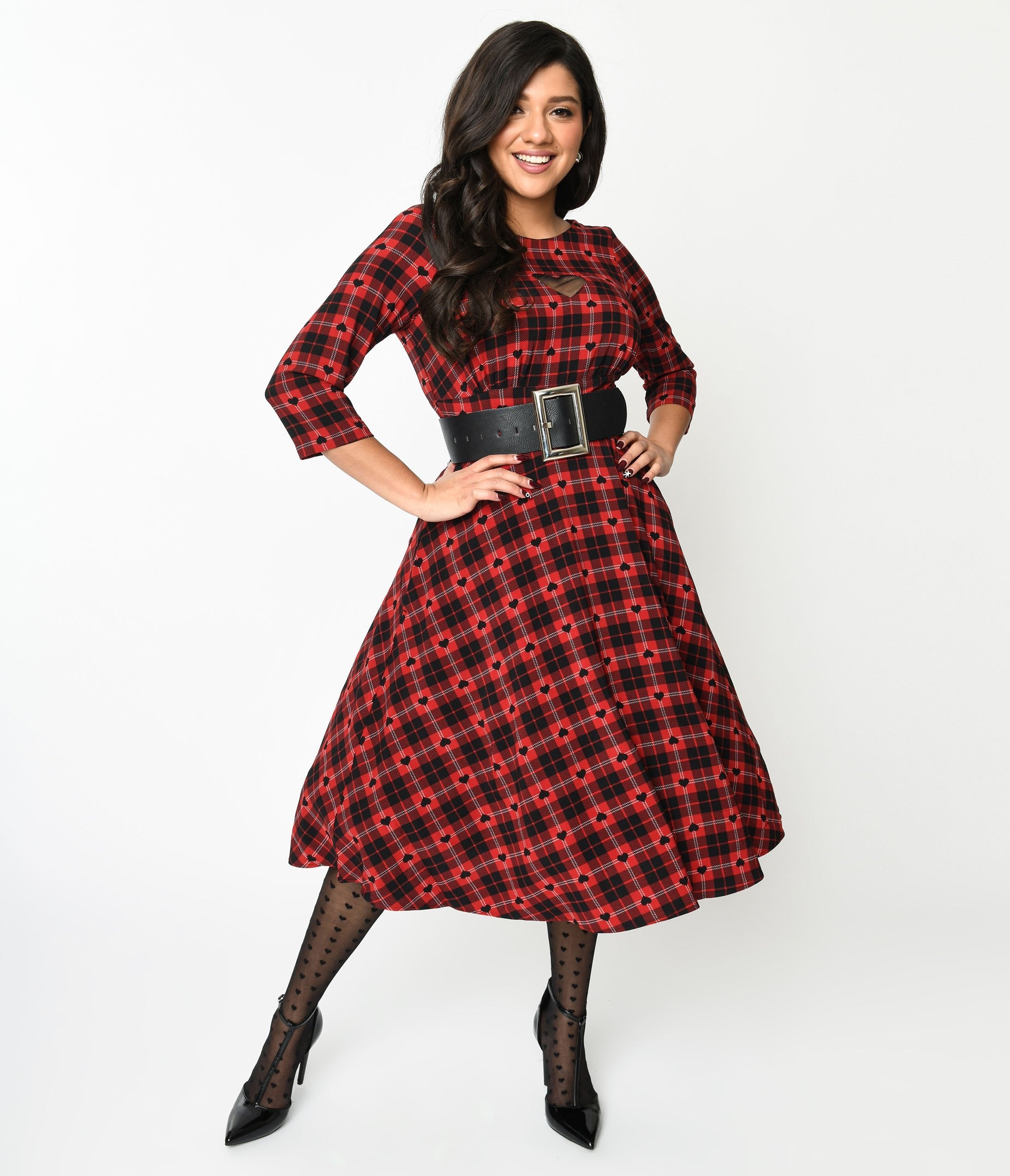 Hell Bunny Red & Black Heart Plaid Swing Dress - Vintage Retro Rockabilly Style for Date Night, Party, or Special Occasions